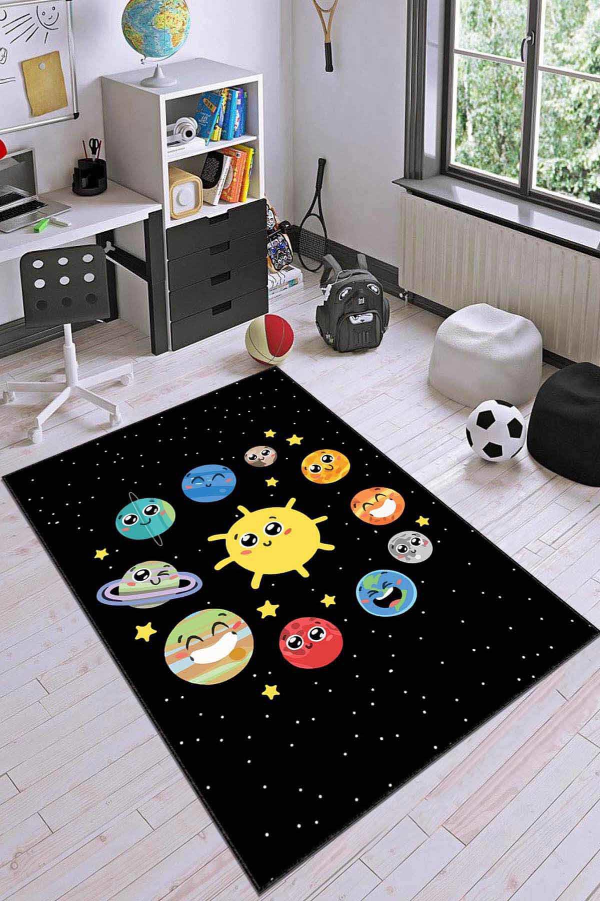 Viva Home AR789 Siyah 7 mm Mikropolyester Antibakteriyel Yıkanabilir İnce Kaymaz Lateks Taban Dikdörtgen Makine Dokuma Çocuk Odası Halısı 100x200 cm