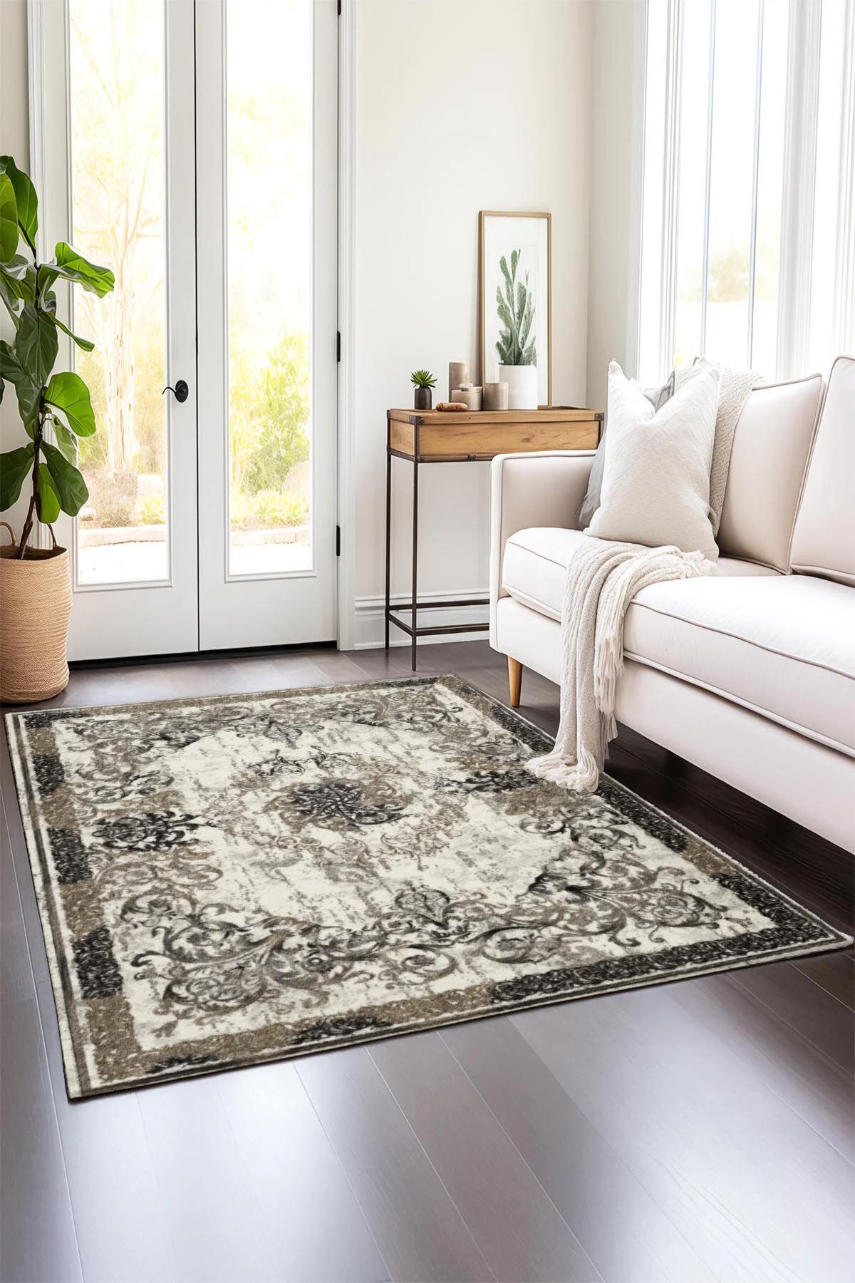 Comotex Krem 7 mm Polyester Antibakteriyel Yıkanabilir Kalın Kaymaz Taban Dikdörtgen Makine Dokuma Salon Halısı 120x200 cm