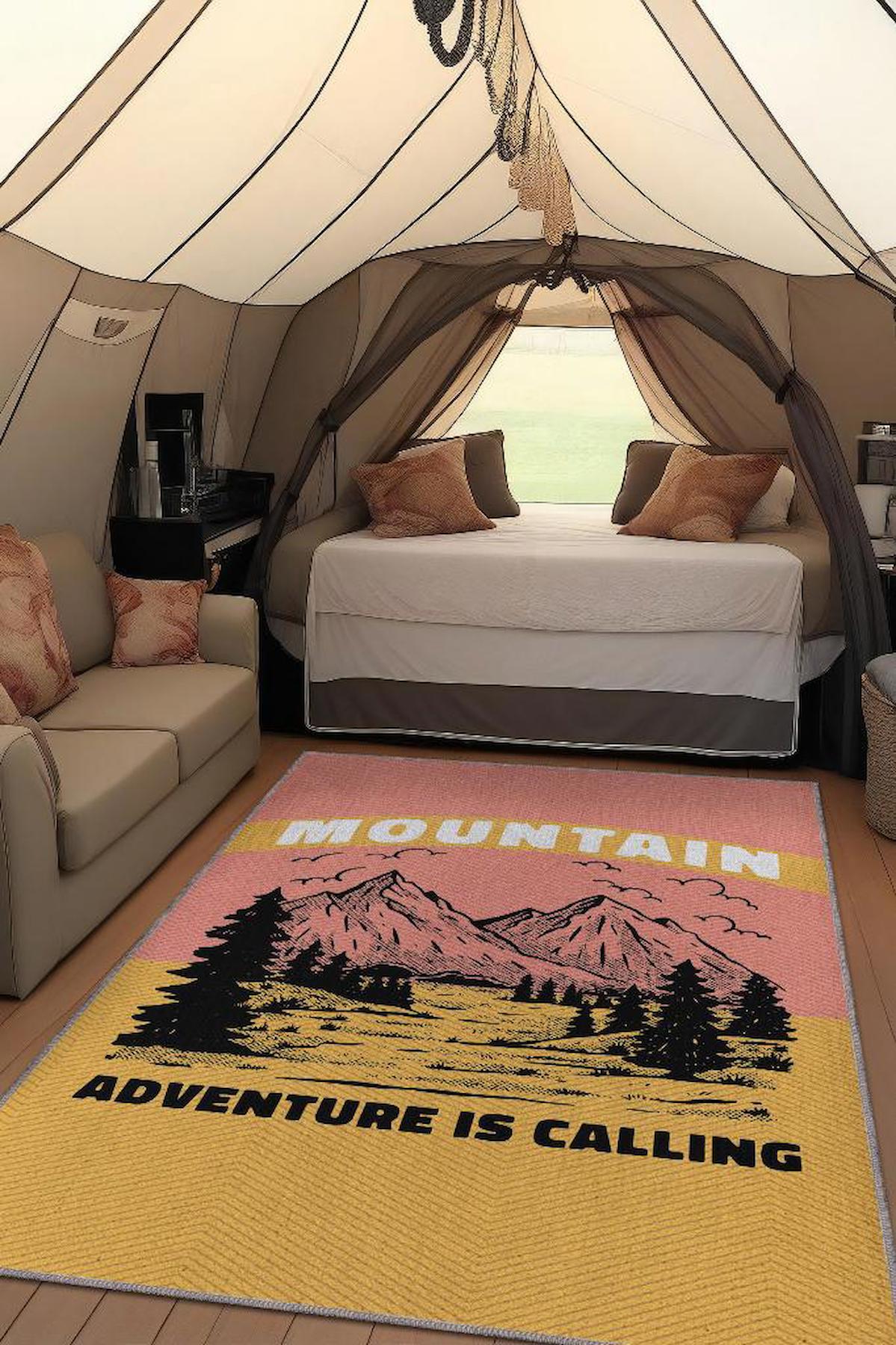 Homshtag Dağ Seni Çağırıyor Krem 4 mm Pamuk Antistatik Yıkanabilir İnce Kaymaz Dikdörtgen Makine Dokuma Çadır-Karavan Halısı 120x180 cm