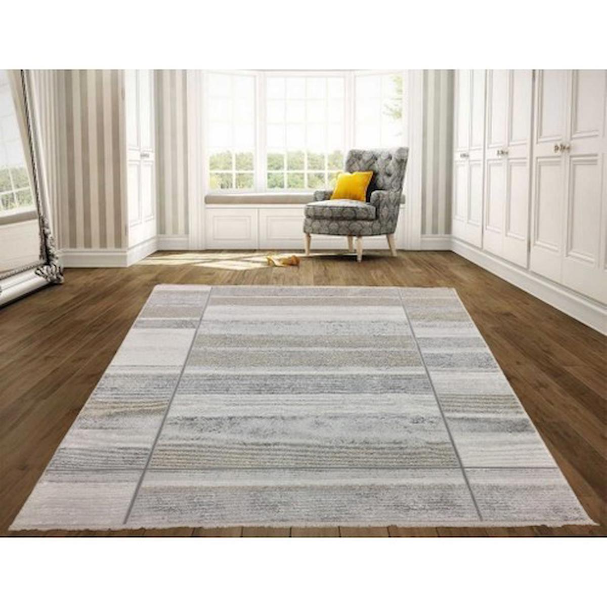 Dinarsu Vintage 36442 Gri 5 mm Polyester Silinebilir Yıkanabilir İnce Kaymaz Dikdörtgen Makine Dokuma Oturma Odası-Salon Halısı 100x150 cm