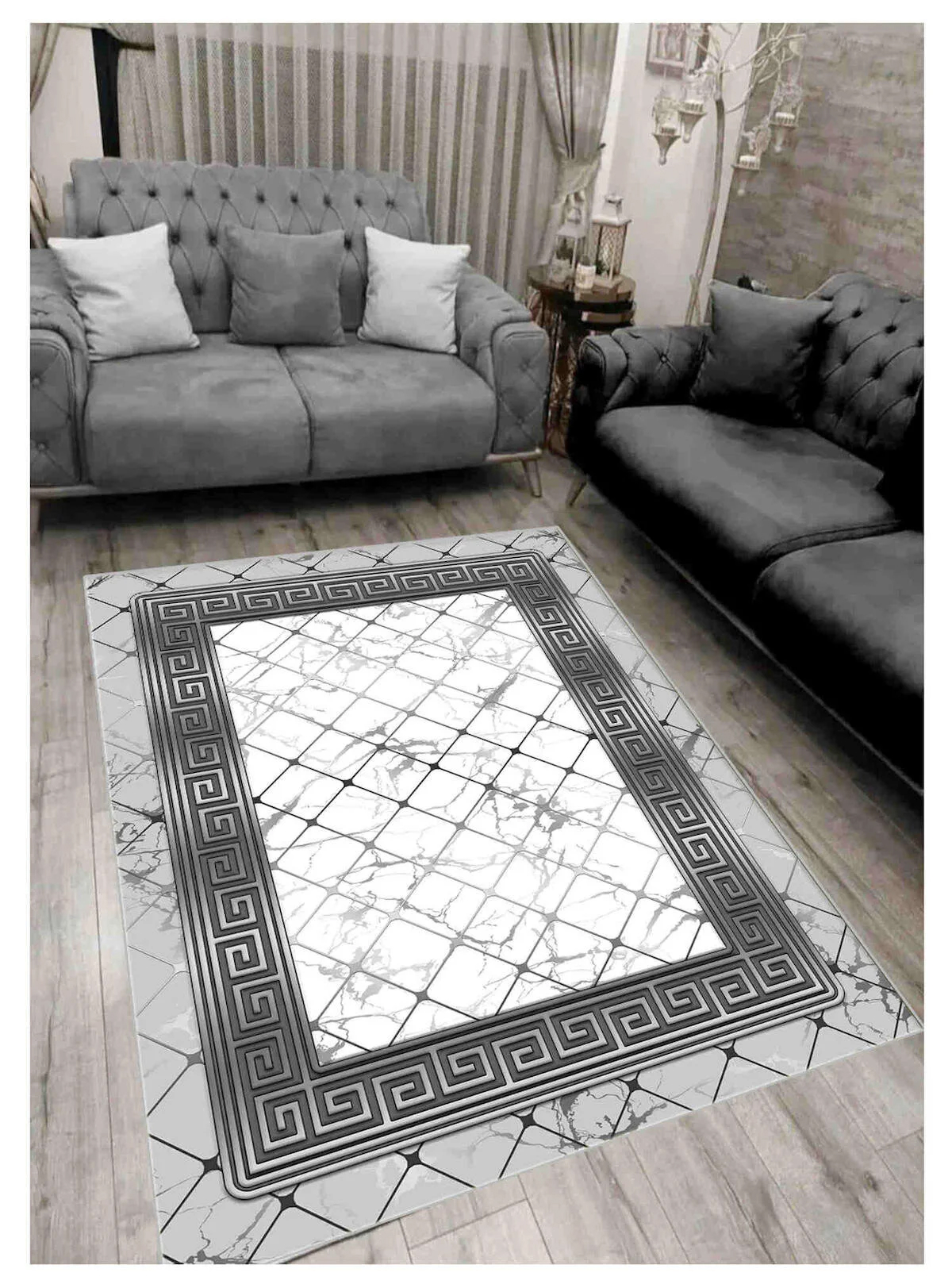 Sty Home Gri 0.8 mm Polyester Antibakteriyel Yıkanabilir İnce Kaymaz Taban Dikdörtgen Makine Dokuma Salon Halısı 100x150 cm