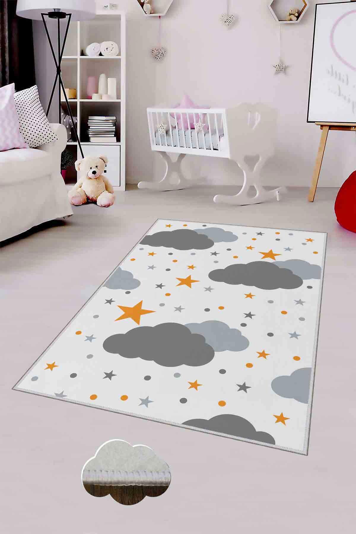 Homefesto Krem 5 mm Polyester Leke Tutmaz Yıkanabilir İnce Kaymaz Taban Dikdörtgen Makine Dokuma Çocuk Odası Halısı 80x120 cm