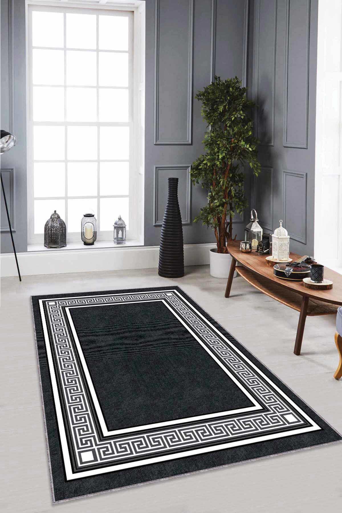 Viva Home RV030 Antrasit 7 mm Mikropolyester Yıkanabilir İnce Kaymaz Jüt Taban Dikdörtgen Makine Dokuma Salon Halısı 200x290 cm