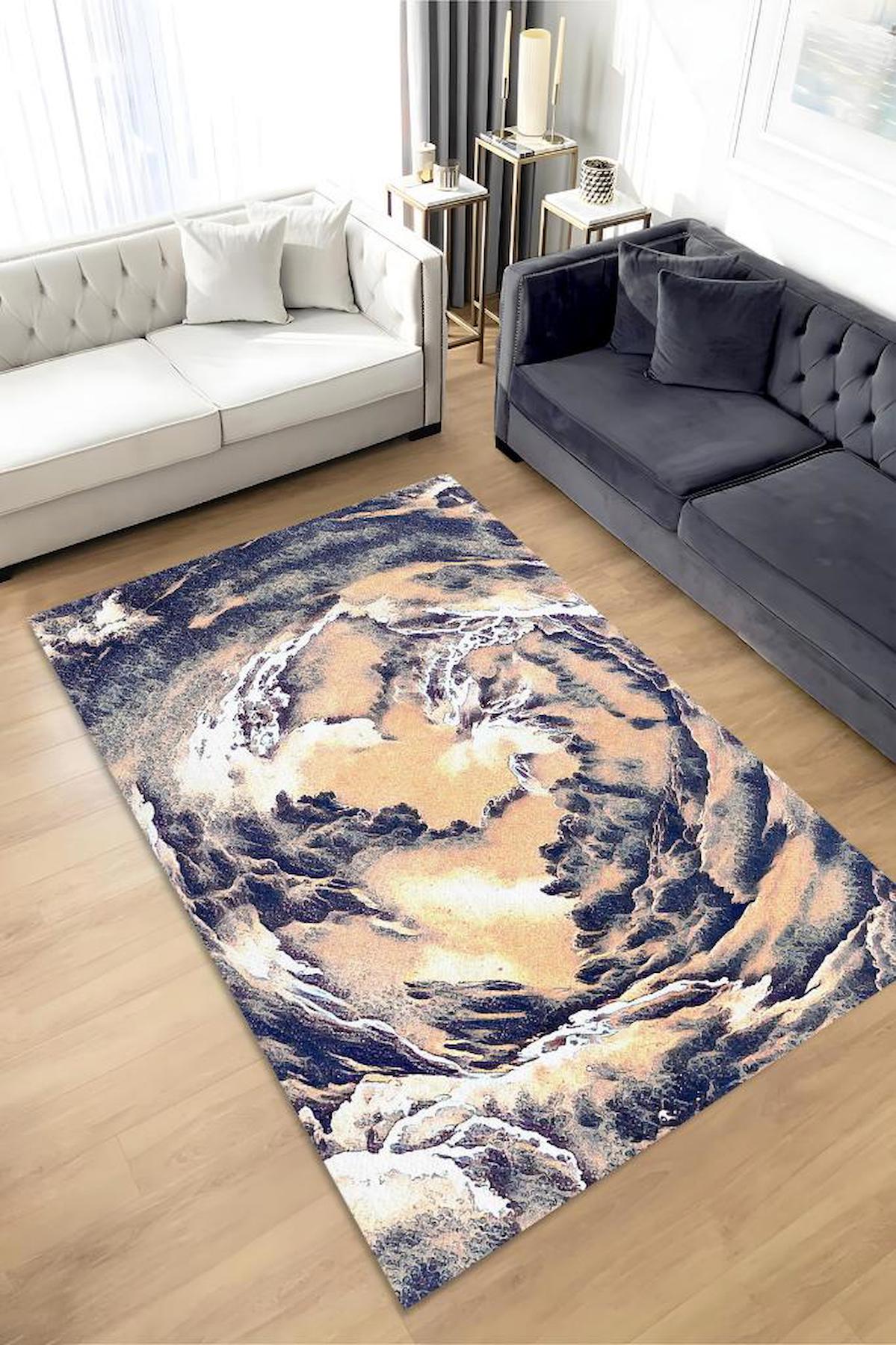 Homshtag Soyut Manzara Krem 4 mm Pamuk Antistatik Yıkanabilir İnce Kaymaz Dikdörtgen Makine Dokuma Salon Halısı 60x100 cm