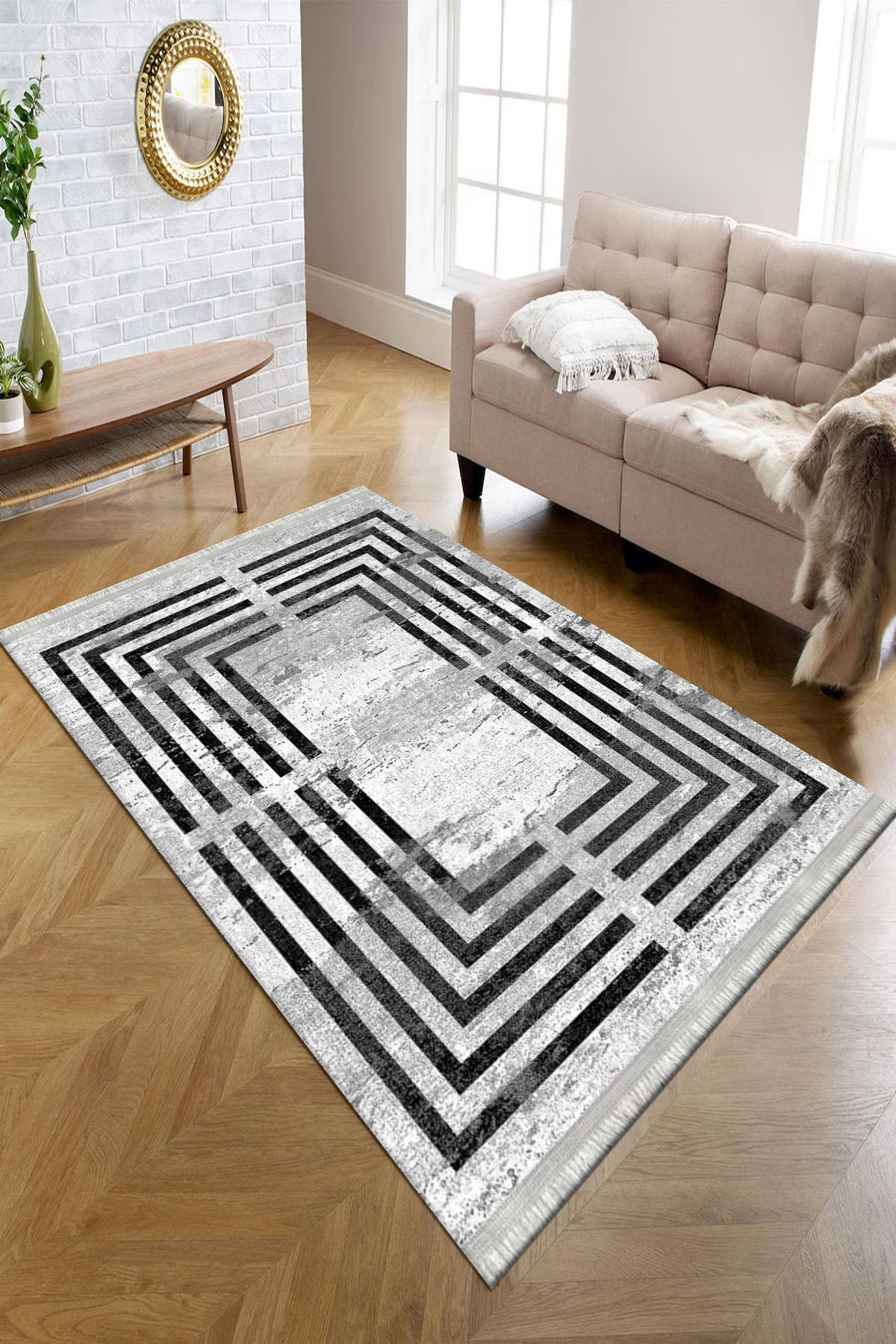 Kreatif Halı Gri-Siyah 4 mm Polyester Antibakteriyel Yıkanabilir İnce Kaymaz Dot Taban Dikdörtgen Makine Dokuma Salon Halısı 180x180 cm