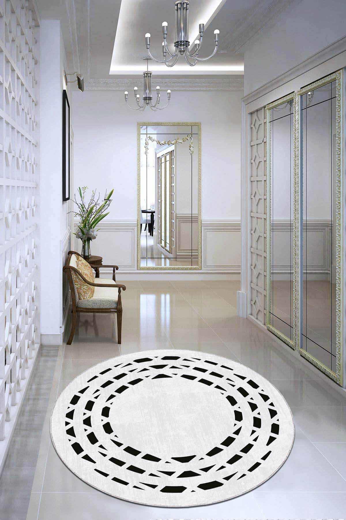 Viva Home AR933 Beyaz 7 mm Mikropolyester Leke Tutmaz Yıkanabilir İnce Kaymaz Dot Taban Yuvarlak Makine Dokuma Antre Halısı 150x230 cm