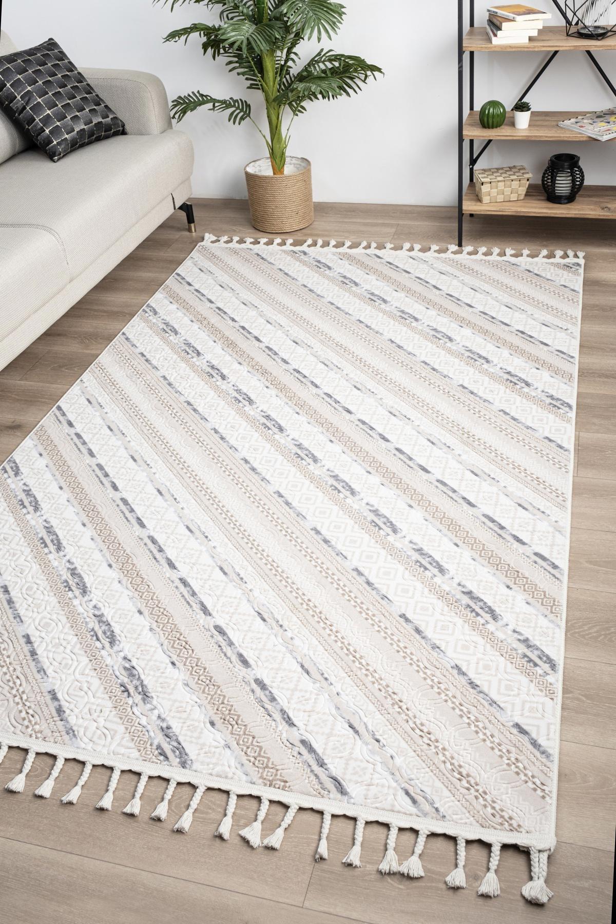 Valery Home 8001 Krem 12 mm Polipropilen Antibakteriyel Yıkanabilir Orta Kaymaz Dot Taban Dikdörtgen Makine Dokuma Salon Halısı 100x150 cm