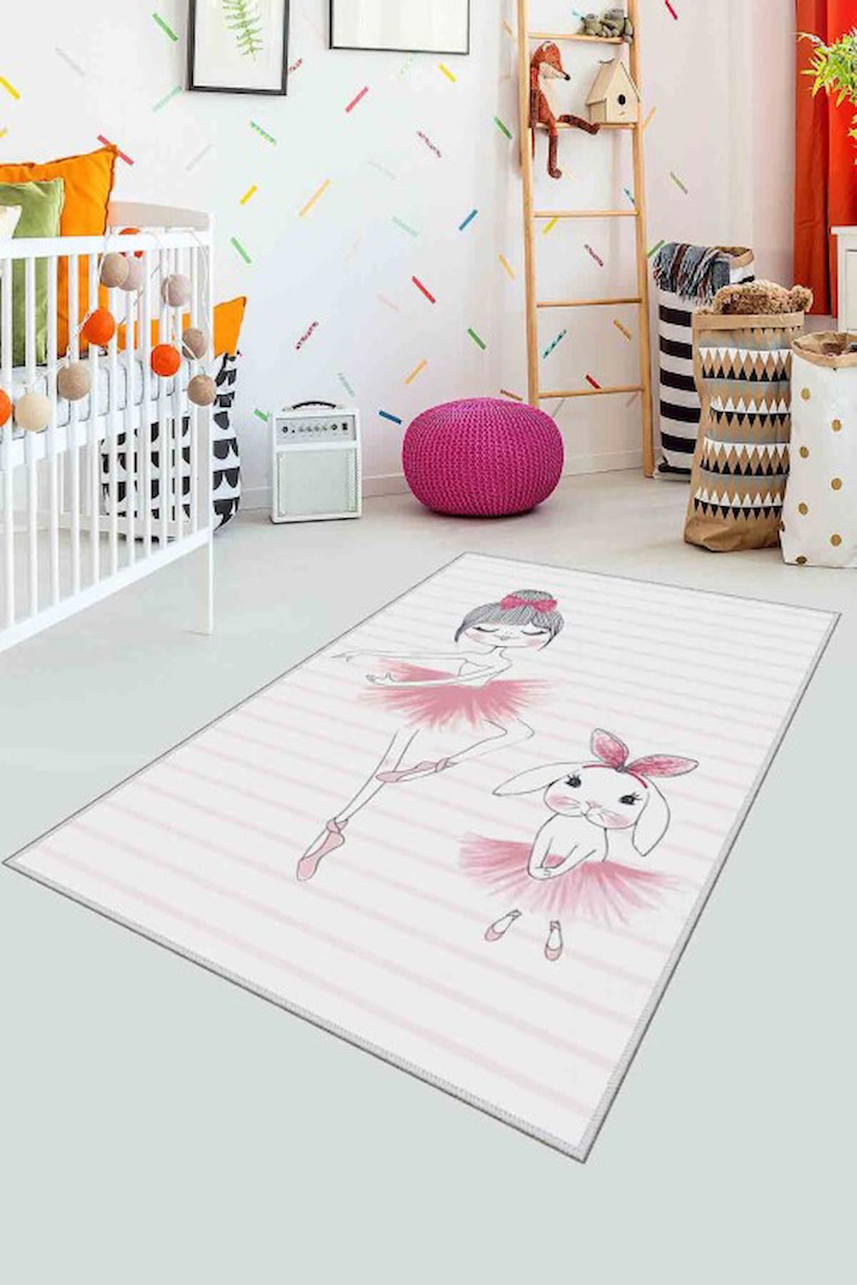 Homefesto Krem 5 mm Polyester Leke Tutmaz Yıkanabilir İnce Kaymaz Taban Figürlü Dikdörtgen Makine Dokuma Çocuk Odası Halısı 100x200 cm