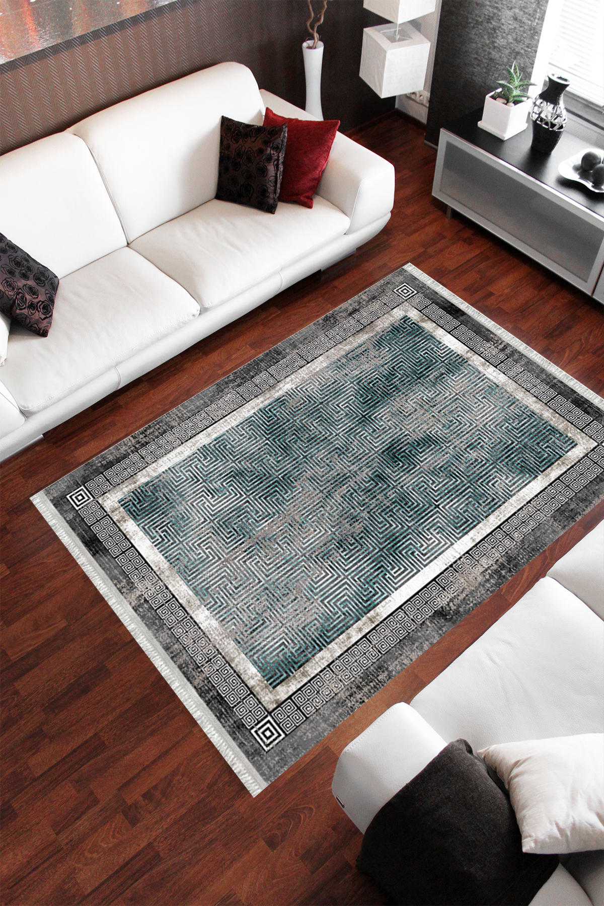 Homier Collection H-KS-3097A Gri-Mavi 7 mm Pamuk Antibakteriyel Yıkanabilir Orta Kaymaz Dot Taban Dikdörtgen Makine Dokuma Salon Halısı 60x100 cm