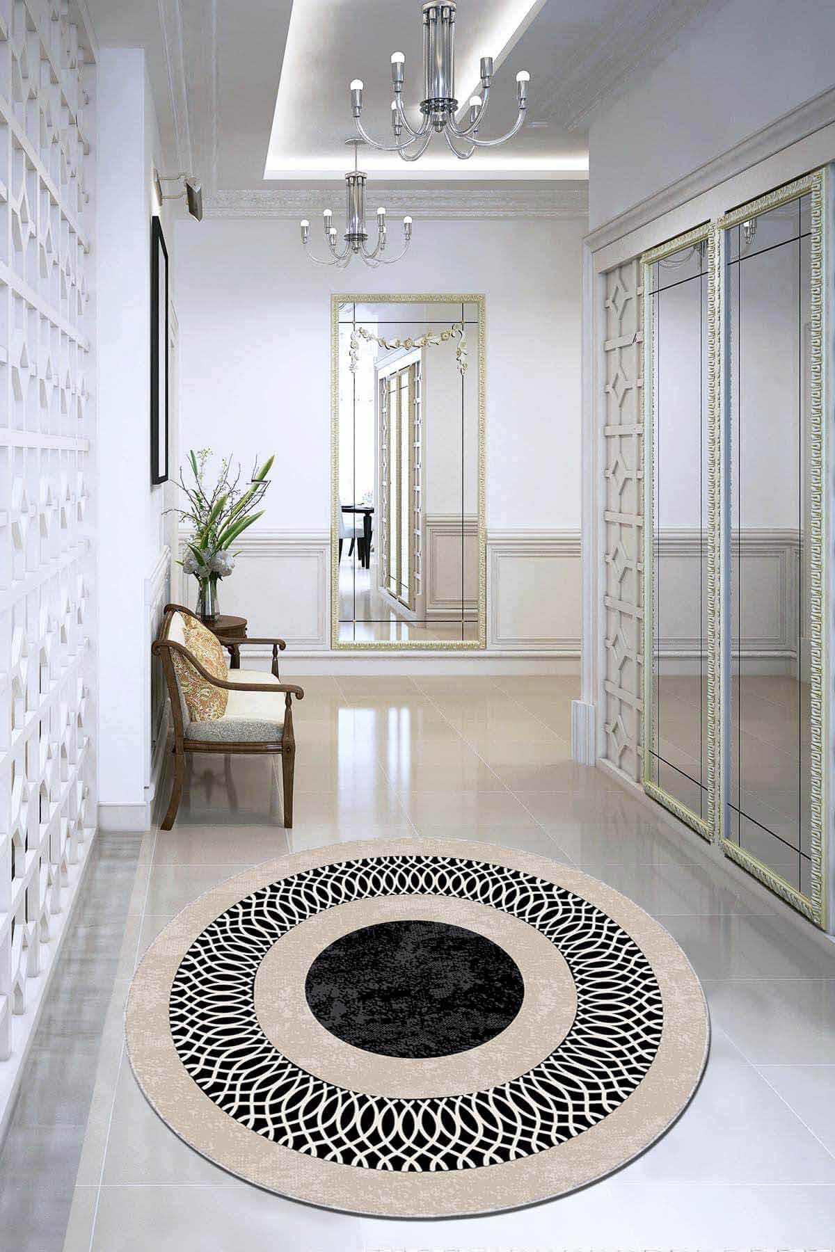 Viva Home AR942 Bej 7 mm Mikropolyester Yıkanabilir İnce Kaymaz Jüt Taban Yuvarlak Makine Dokuma Salon Halısı 100x300 cm