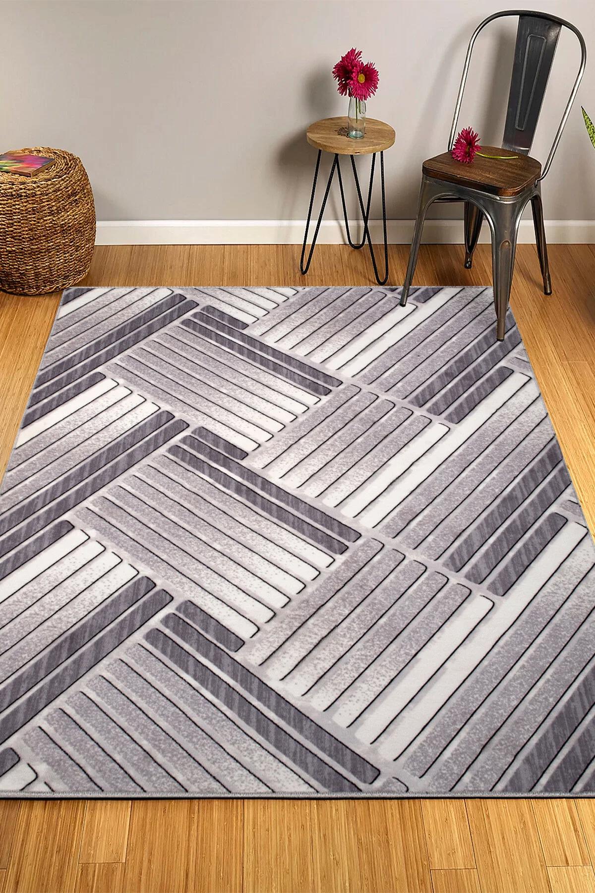 Inter Weaving Gri 7 mm Polyester Yıkanabilir İnce Kaymaz Taban Dikdörtgen Makine Dokuma Salon Halısı