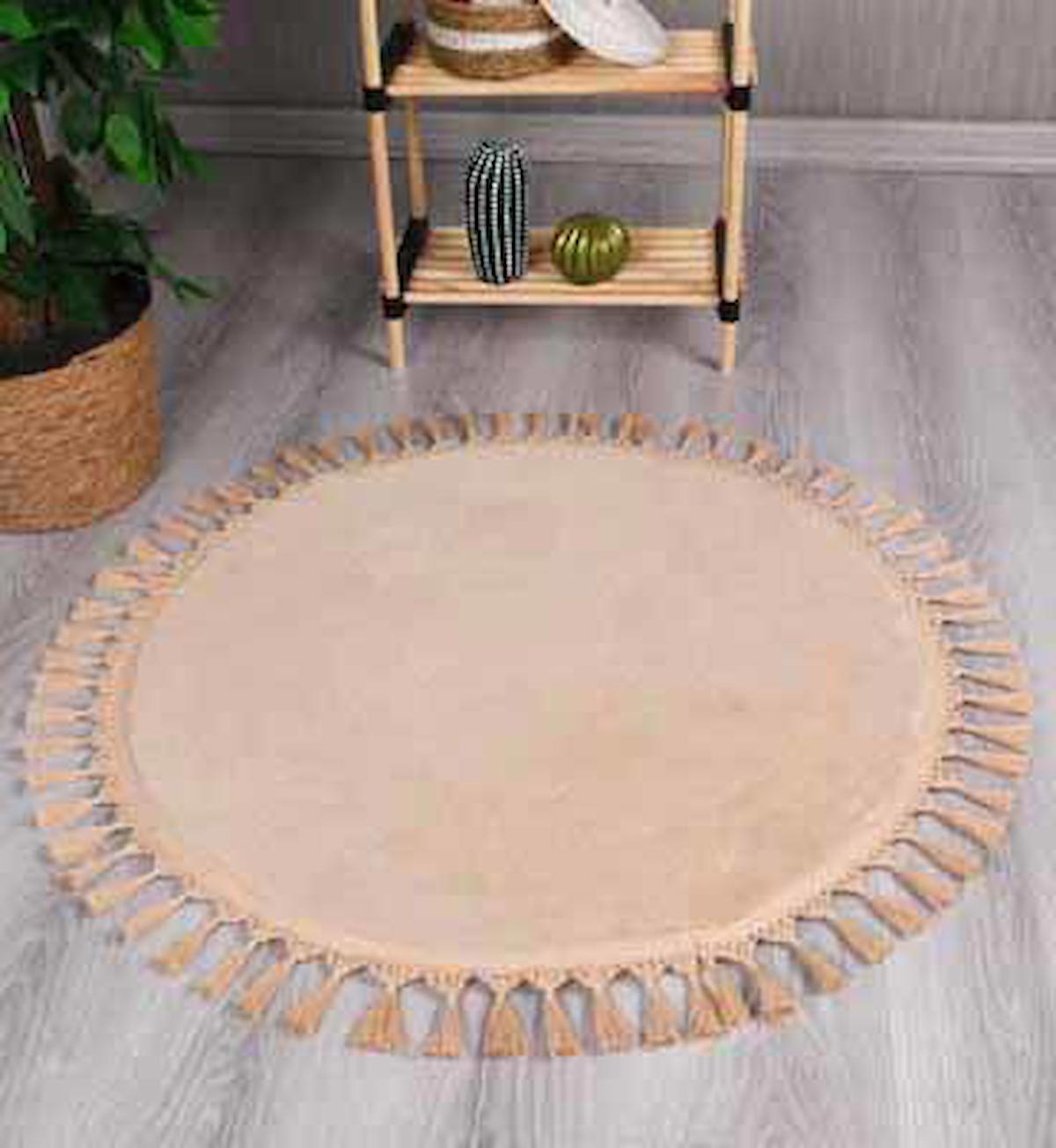 My Evilla Bej 10 mm Polyester Yıkanabilir İnce Kaymaz Taban Yuvarlak Makine Dokuma Salon Halısı 180x250 cm