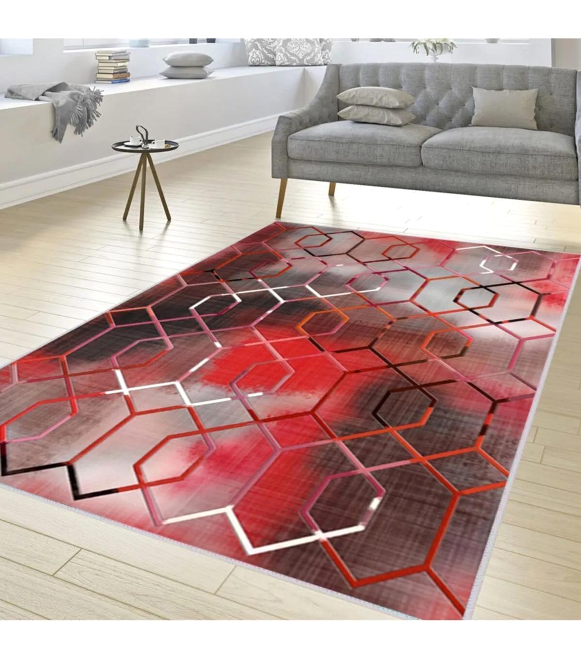 Rovigo Home RVG1538-HT1394 Çok Renkli 8 mm Polyester Leke Tutmaz-Toz Tutmaz Yıkanabilir İnce Kaymaz Dot Taban Dikdörtgen Makine Dokuma Salon Halısı 120x180 cm