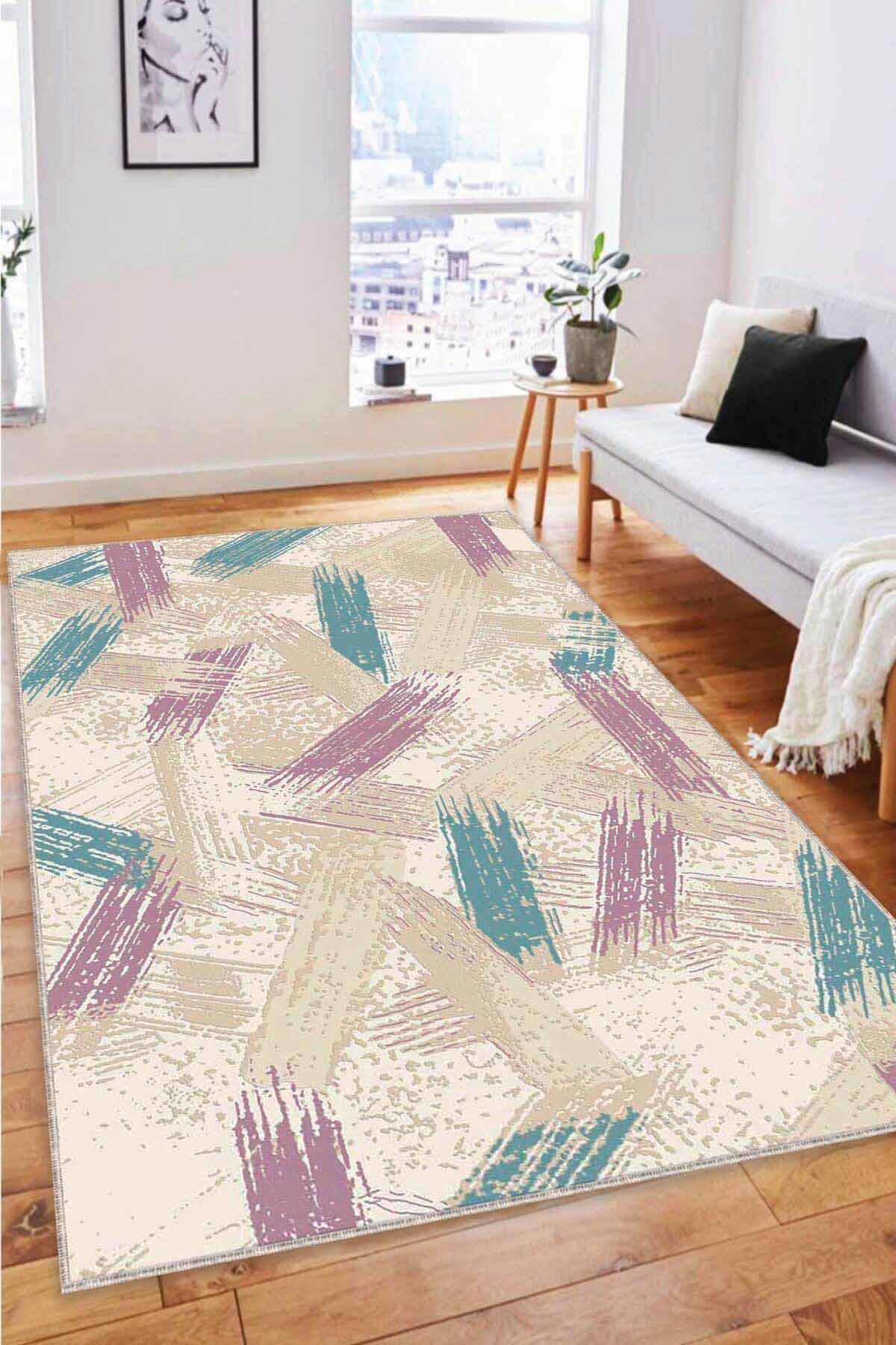 Viva Home FR03 Pembe-Turkuaz 7 mm Mikropolyester Leke Tutmaz Yıkanabilir İnce Kaymaz Dot Taban Dikdörtgen Makine Dokuma Salon Halısı 80x150 cm