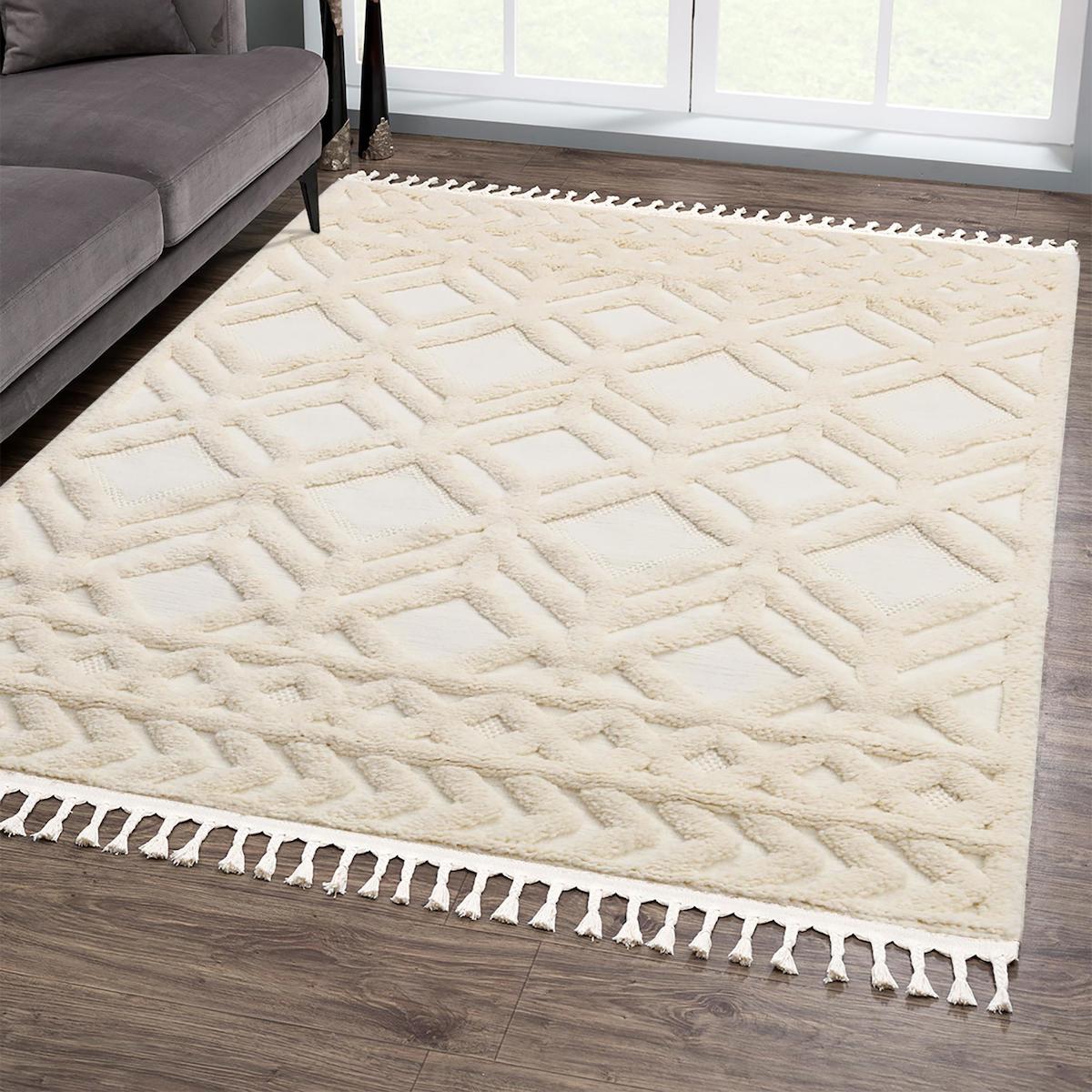 Giza Home Madu 1284T Krem 20 mm Polyester Antibakteriyel Yıkanabilir Kalın Kaymaz Geometrik Dikdörtgen Makine Dokuma Oturma Odası-Salon Halısı 180x180 cm