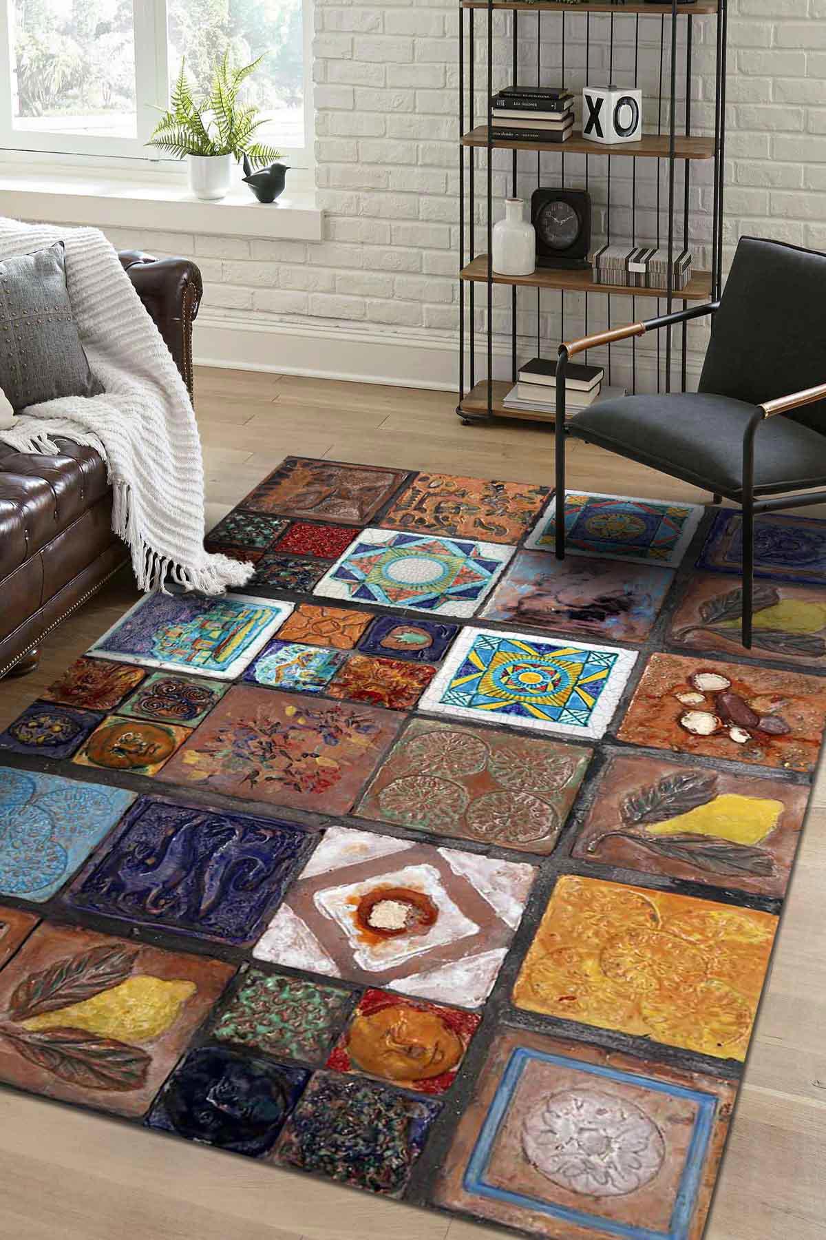 Aida Home Superlonga Çok Renkli 0.5 mm Pamuk Antibakteriyel Yıkanabilir İnce Kaymaz Şönil Taban Dikdörtgen Makine Dokuma Salon Halısı 150x233 cm