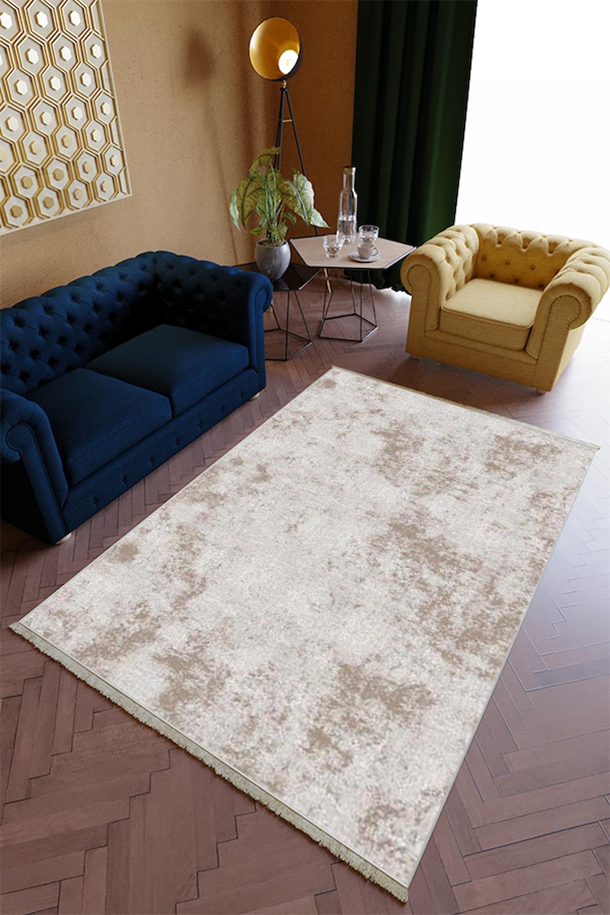 10 Post Online Bej 4 mm Polyester Silinebilir Yıkanabilir Orta Kaymaz Dikdörtgen Makine Dokuma Salon Halısı 100x200 cm