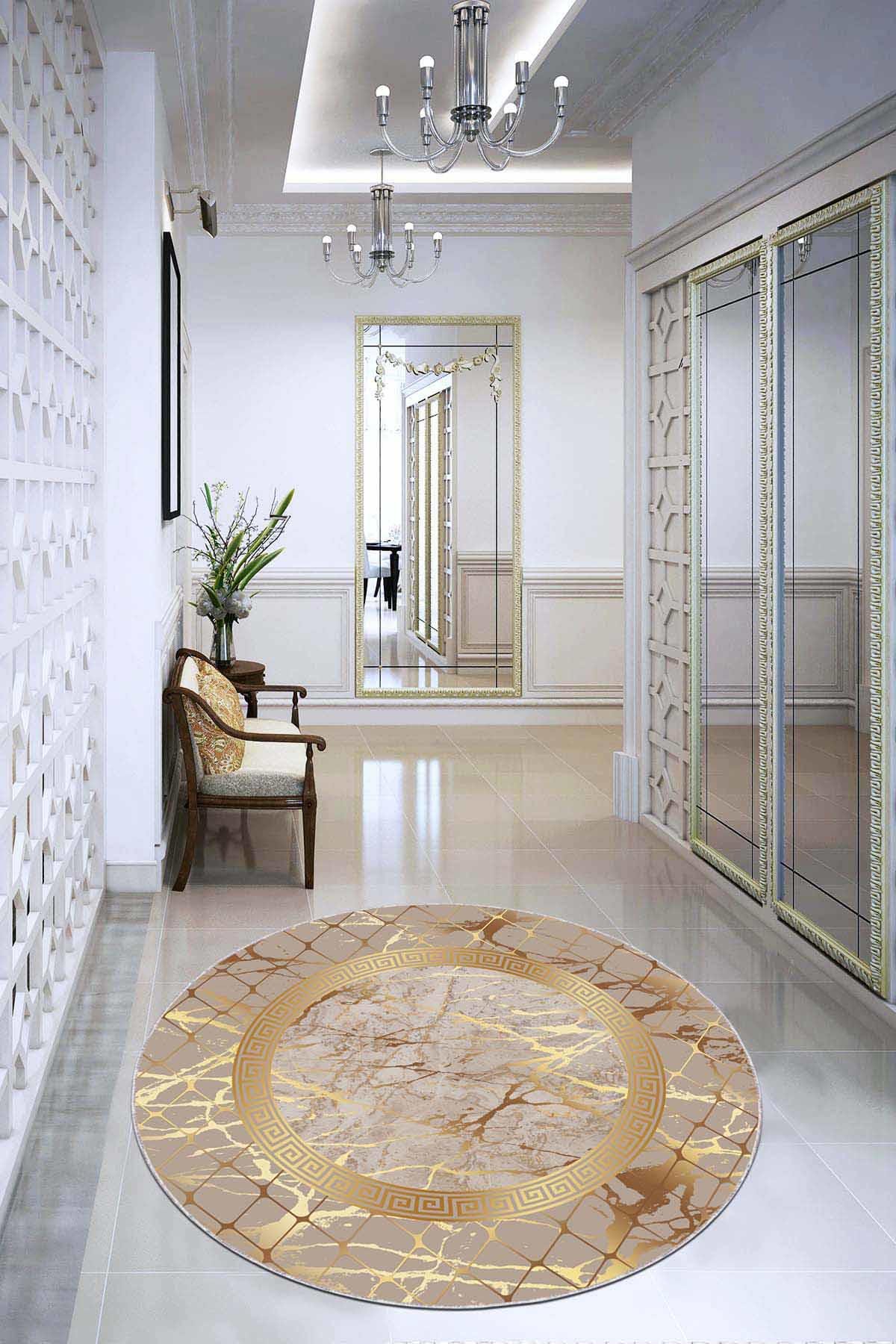 Viva Home AR754 Altın-Bej 7 mm Mikropolyester Yıkanabilir İnce Kaymaz Jüt Taban Yuvarlak Makine Dokuma Salon Halısı 60x100 cm