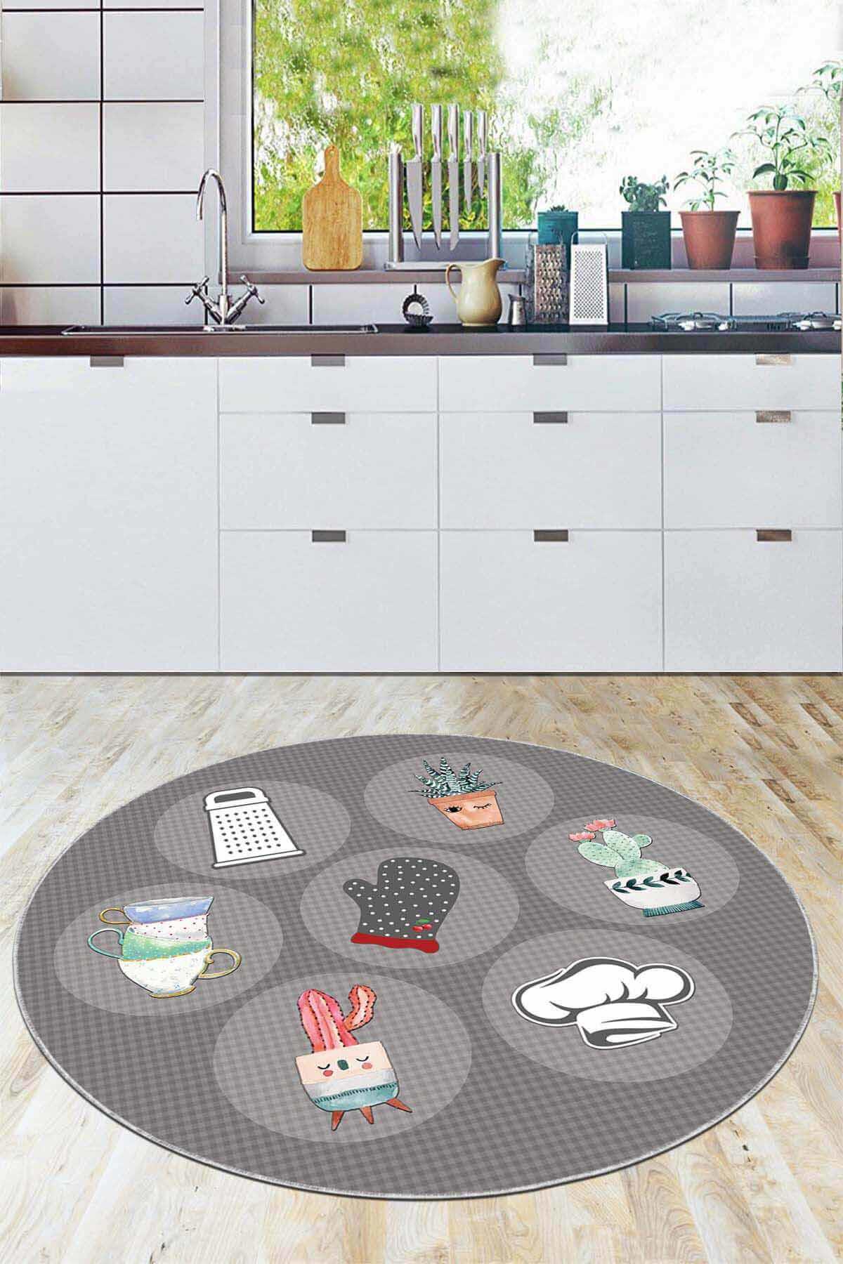 Viva Home AR922 Gri 7 mm Mikropolyester Toz Tutmaz Yıkanabilir İnce Kaymaz Dot Taban Çiçek Desenli Yuvarlak Makine Dokuma Salon Halısı 100x200 cm