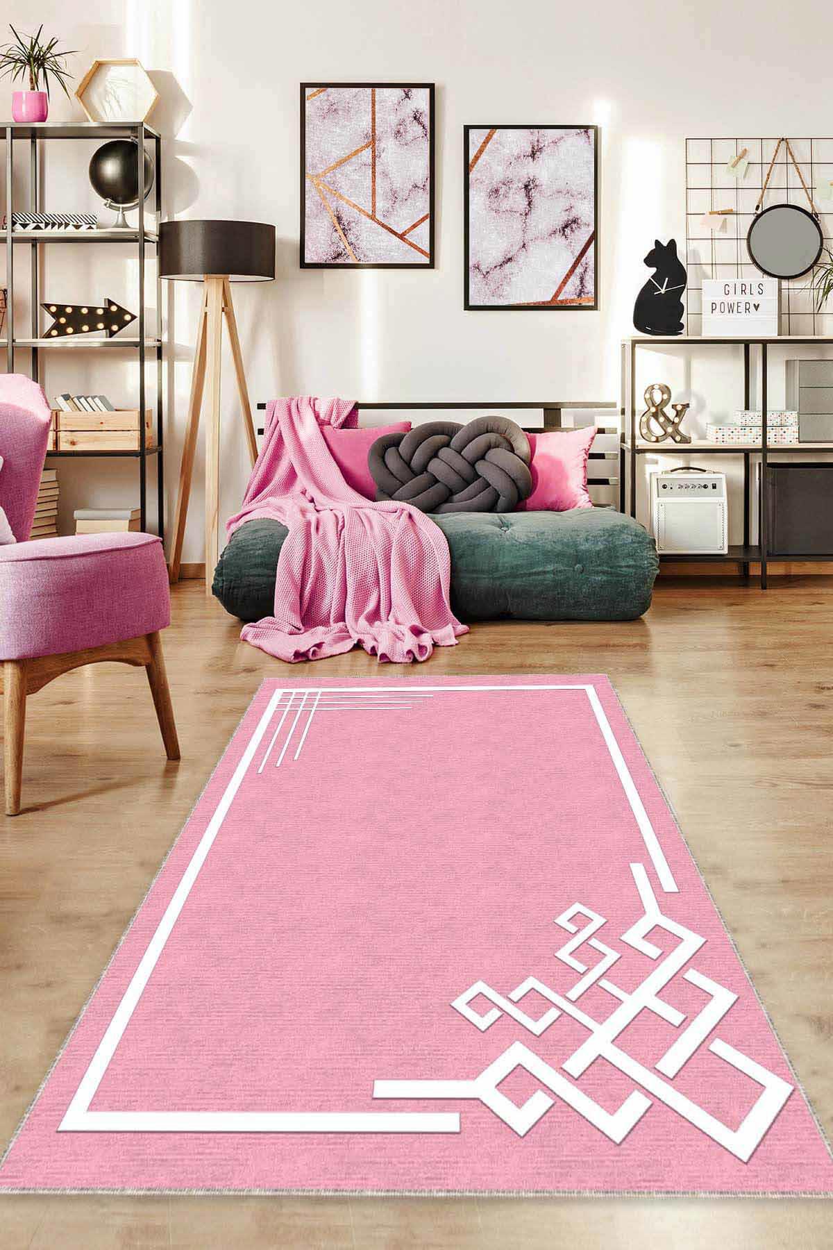 Viva Home AR536 Pembe 7 mm Mikropolyester Leke Tutmaz Yıkanabilir İnce Kaymaz Dot Taban Dikdörtgen Makine Dokuma Salon Halısı 180x180 cm