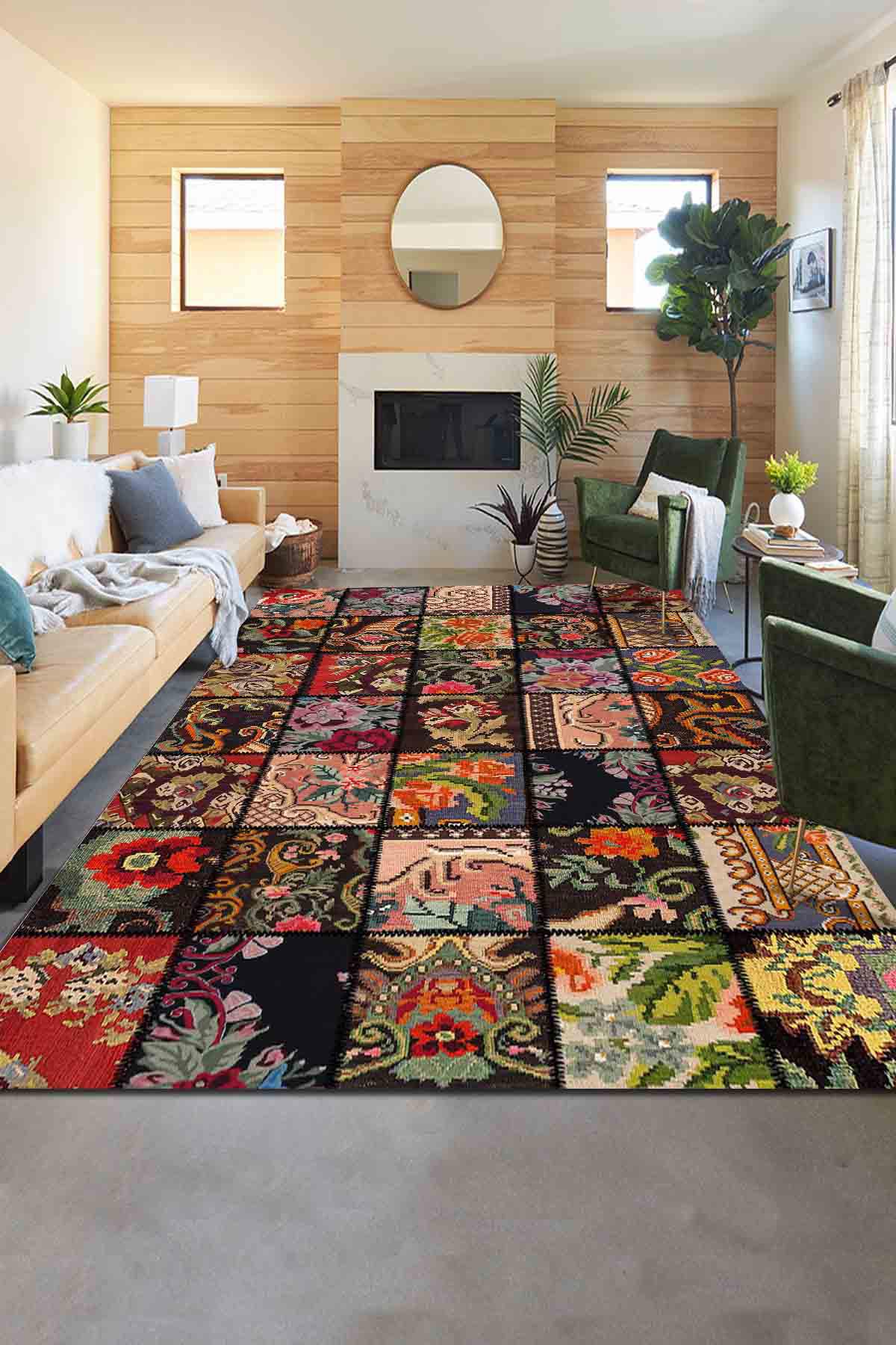 Latte Dizayn Talita Çok Renkli 0.5 mm Pamuk Antibakteriyel Yıkanabilir İnce Kaymaz Pamuk Taban Dikdörtgen Makine Dokuma Salon Halısı 200x290 cm