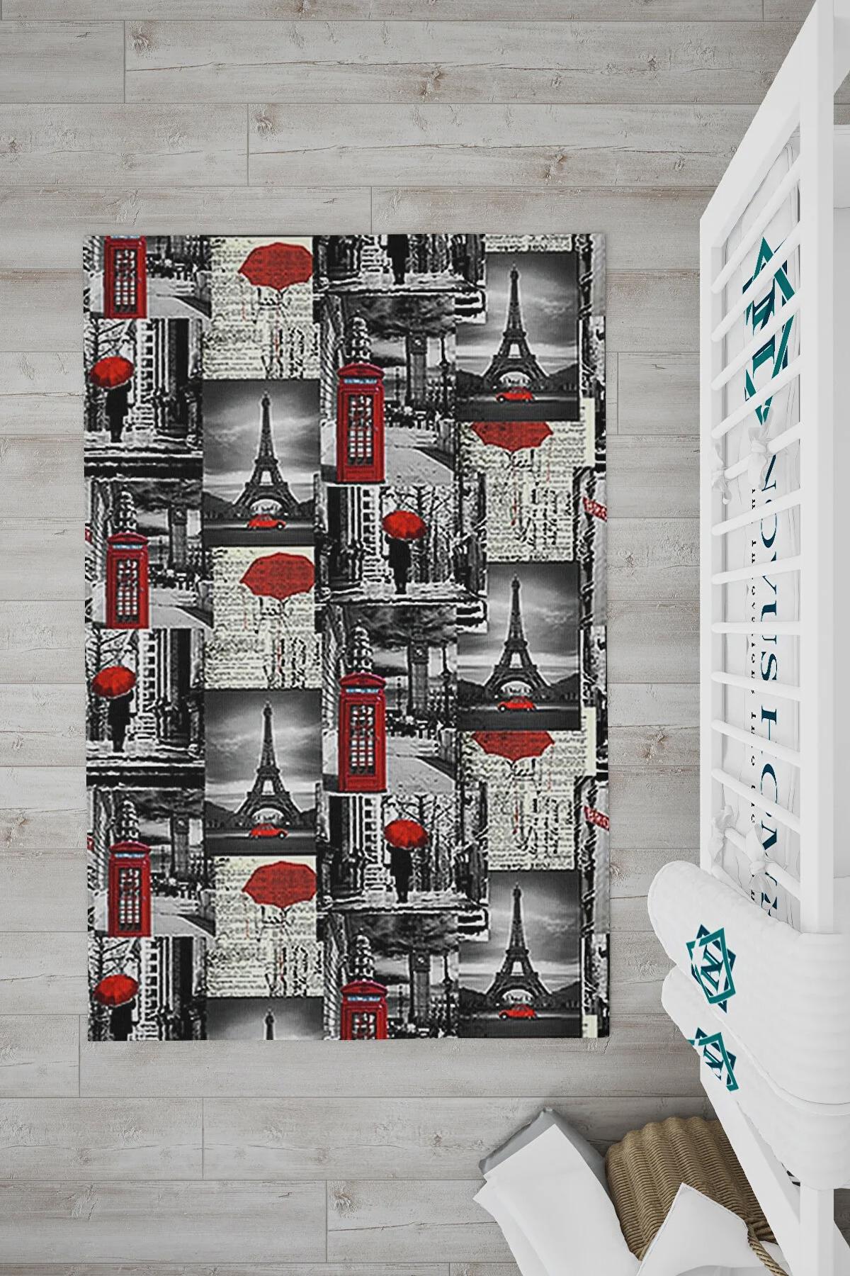Novus Home Punto Serisi Kırmızı-Siyah 7 mm Polyester Antibakteriyel-Toz Tutmaz-Yalıtıma Yardımcı Yıkanabilir İnce Kaymaz Taban Dikdörtgen Makine Dokuma Çocuk Odası Halısı 100x200 cm
