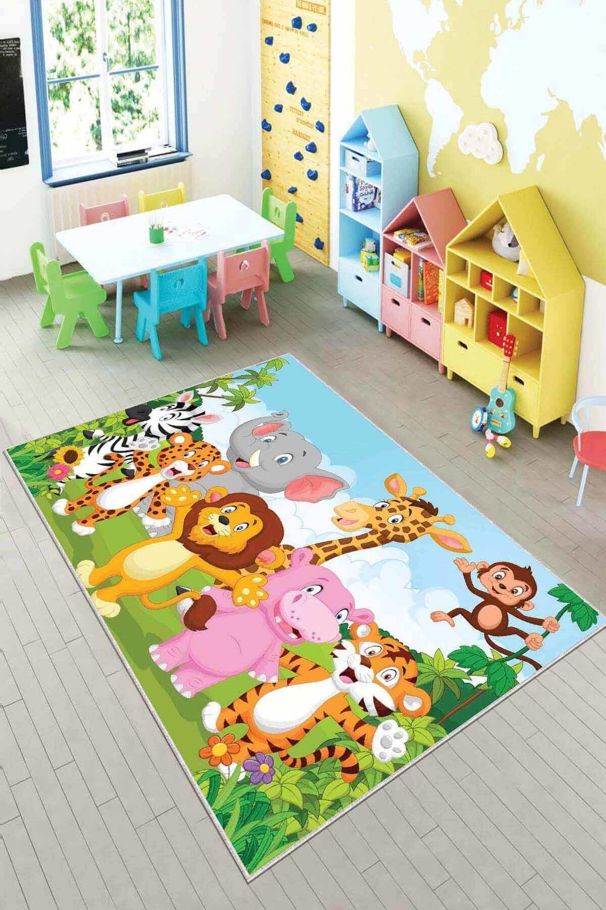 Viva Home KD74 Krem 7 mm Mikropolyester Yalıtıma Yardımcı Yıkanabilir Orta Kaymaz Dot Taban Çiçek Desenli Dikdörtgen Makine Dokuma Çocuk Odası Halısı 80x150 cm