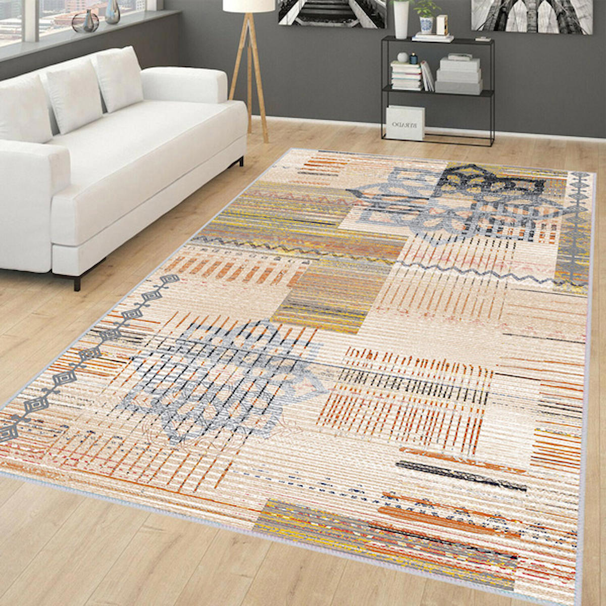 Rovigo Home RVG0147-SM09 Krem 8 mm Polyester Yıkanabilir Orta Kaymaz Dot Taban Dikdörtgen Makine Dokuma Salon Halısı 120x160 cm