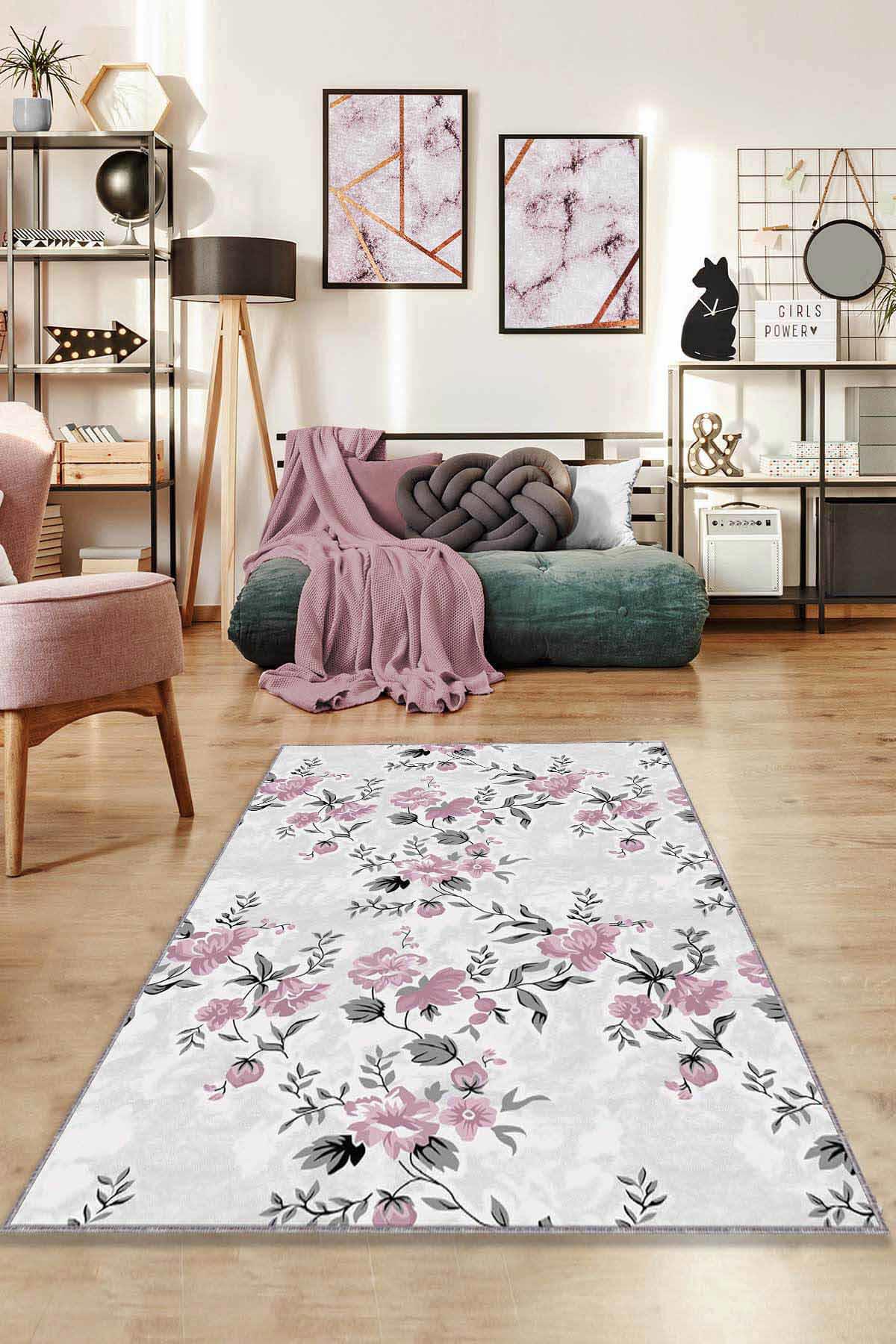 Viva Home BH007 Pembe 7 mm Mikropolyester Leke Tutmaz Yıkanabilir İnce Kaymaz Dot Taban Dikdörtgen Makine Dokuma Salon Halısı 120x400 cm