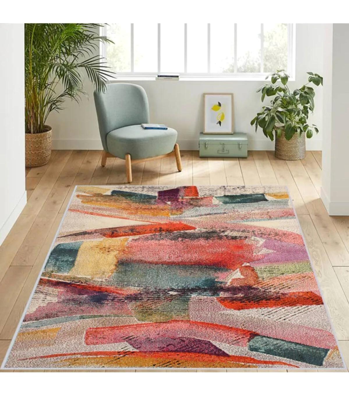 Rovigo Home RVG1128 Çok Renkli 8 mm Polyester Antibakteriyel-Leke Tutmaz-Toz Tutmaz Yıkanabilir İnce Kaymaz Dot Taban Dikdörtgen Makine Dokuma Salon Halısı 100x150 cm