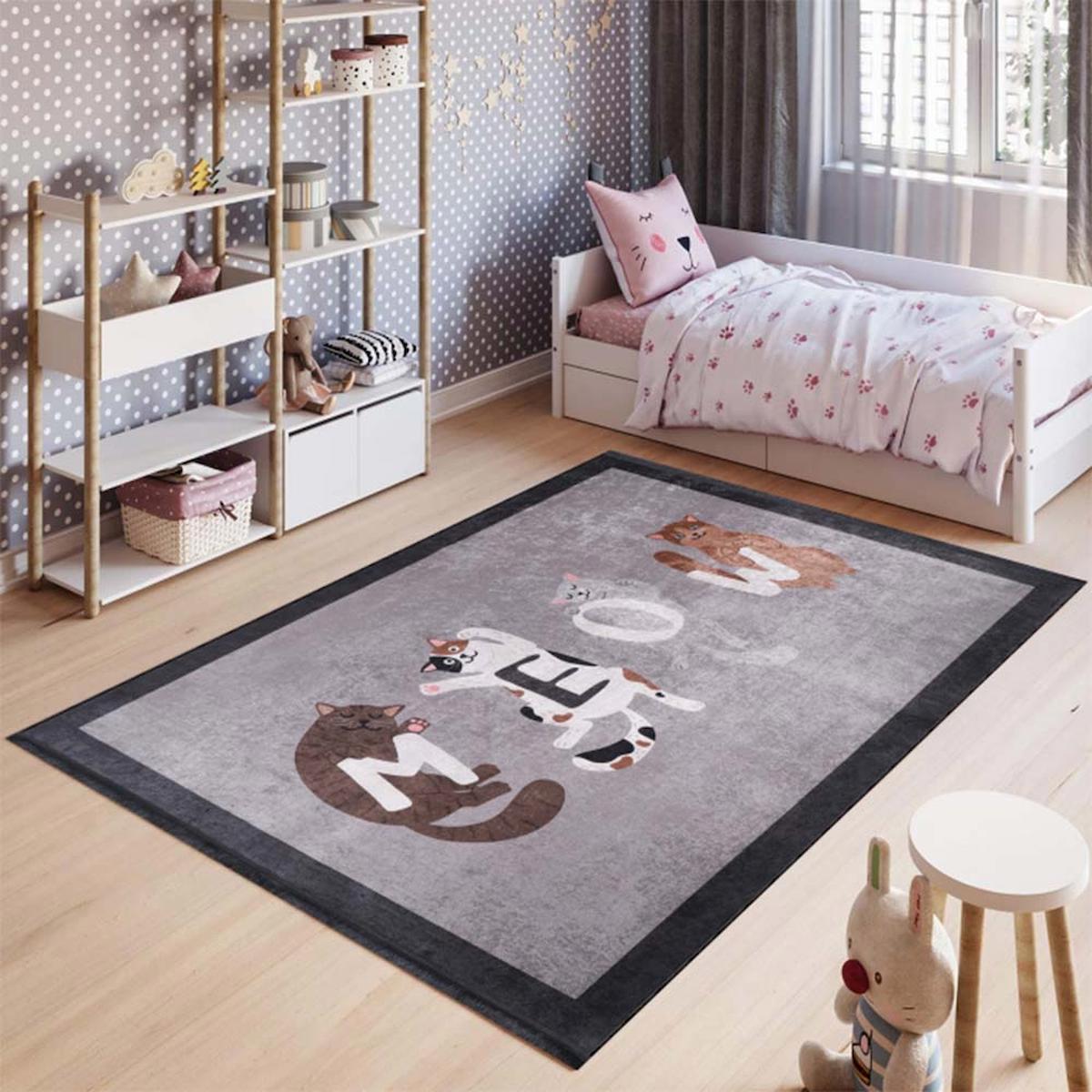 Orkide Home Gri 7 mm Mikropolyester Toz Tutmaz Yıkanabilir İnce Kaymaz Dot Taban Hayvan Desenli Dikdörtgen Makine Dokuma Çocuk Odası Halısı 200x290 cm