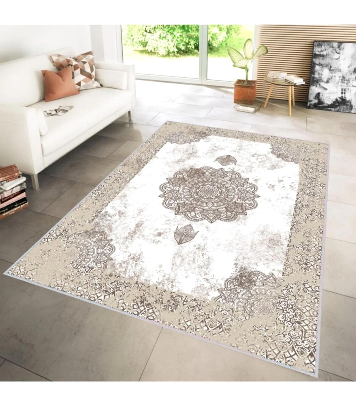 Rovigo Home RVG1204 Krem 8 mm Polyester Leke Tutmaz-Toz Tutmaz Yıkanabilir İnce Kaymaz Dot Taban Dikdörtgen Makine Dokuma Salon Halısı 80x200 cm