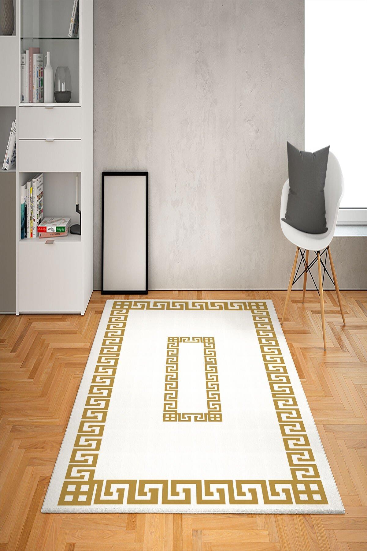 Doruklar Home Collection Krem 0.7 mm Polyester Antibakteriyel Yıkanabilir Kalın Kaymaz Taban Dikdörtgen Makine Dokuma Salon Halısı 160x230 cm