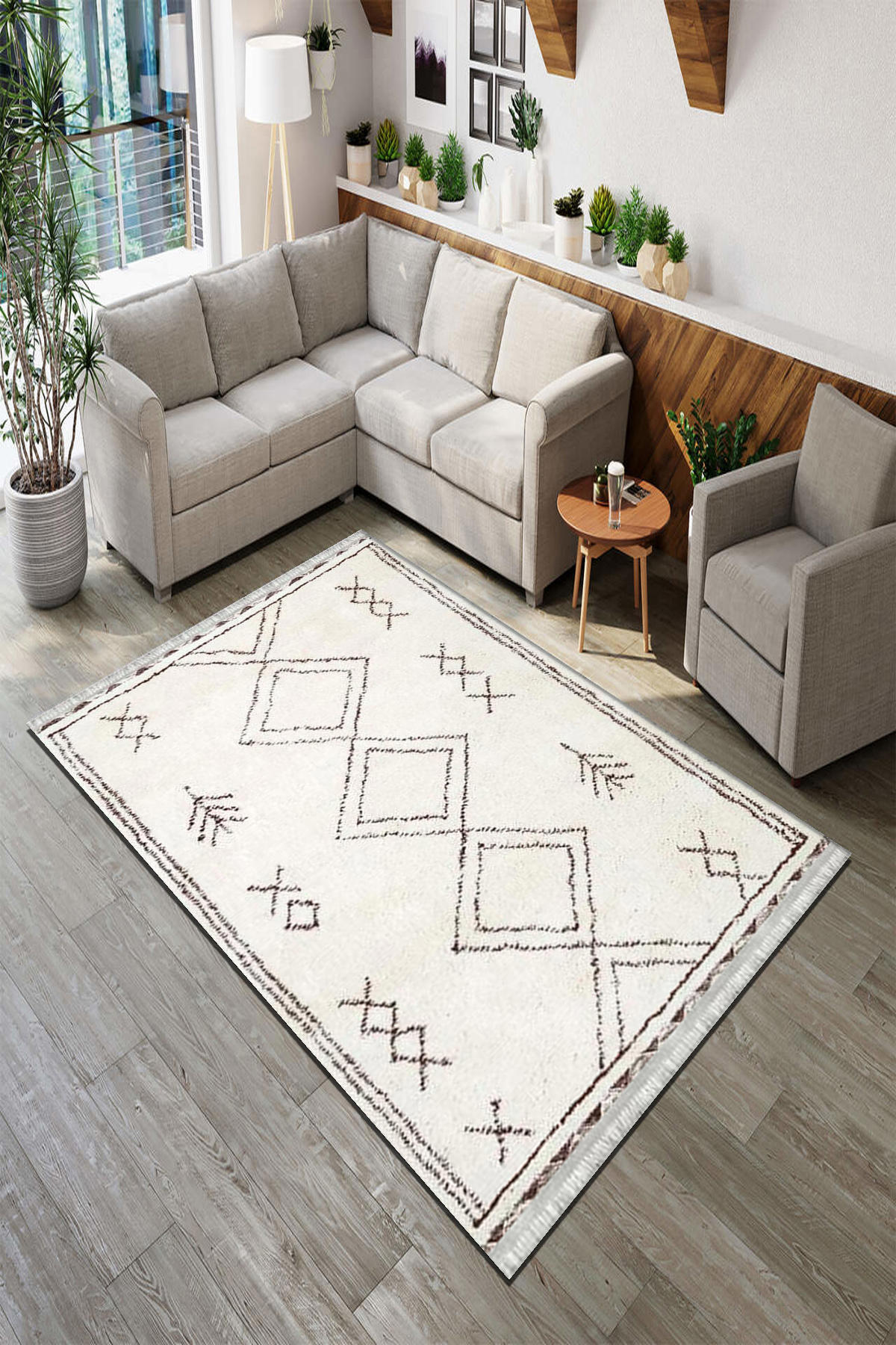 Roslyn Home Bej 6 mm Polyester Toz Tutmaz Yıkanabilir İnce Kaymaz Dot Taban Dikdörtgen Makine Dokuma Salon Halısı 160x300 cm