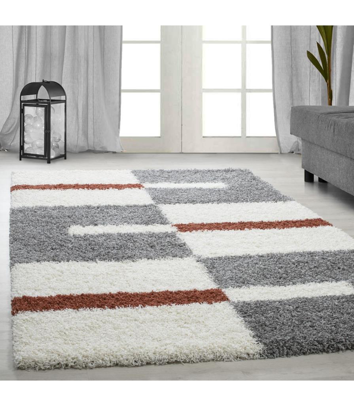 Carpettex Gri-Turuncu 30 mm Polipropilen Antialerjenik Yıkanabilir Kalın Kaymaz Jüt Taban Dikdörtgen Makine Dokuma Salon Halısı 200x290 cm
