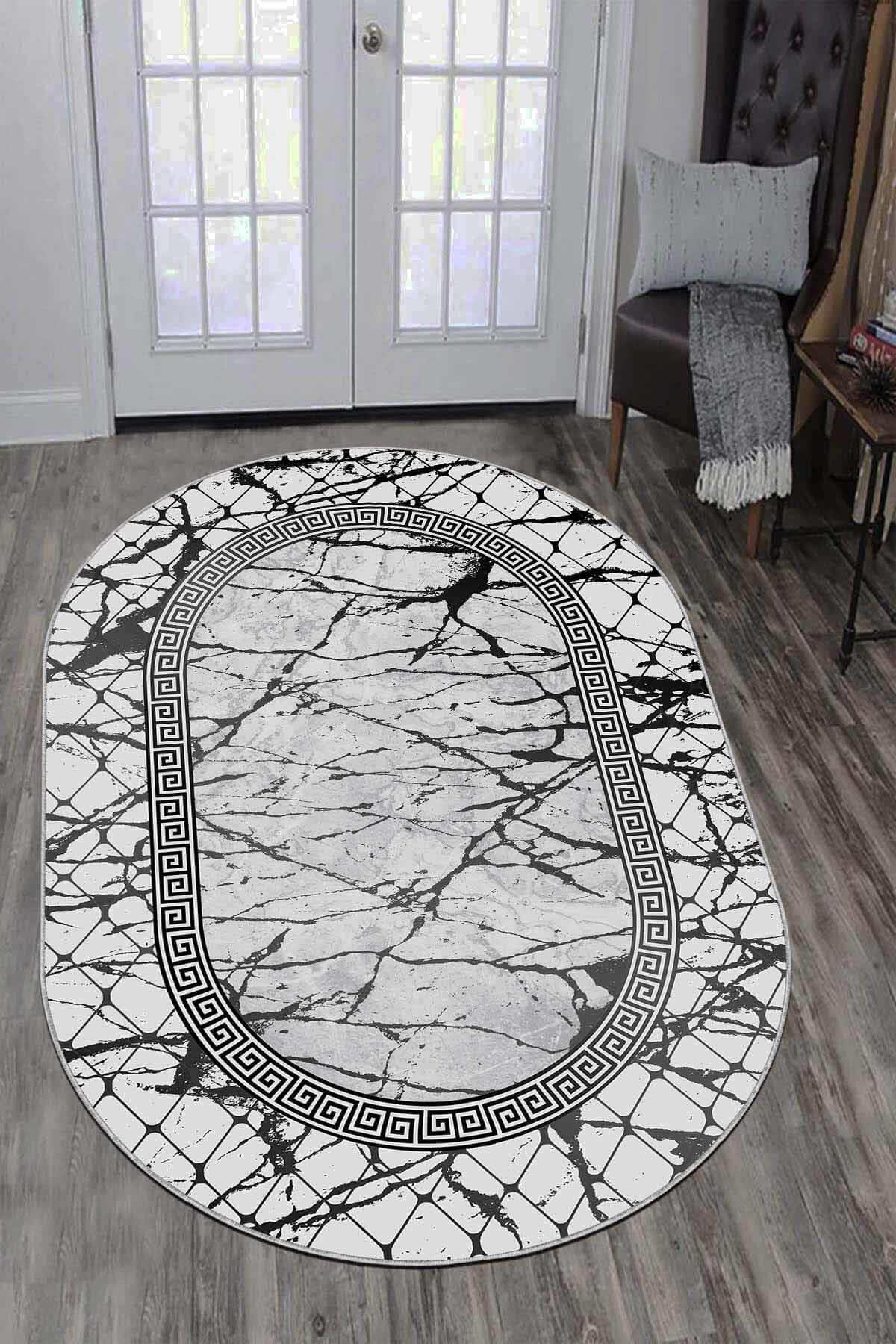 Viva Home AR975 Gri 7 mm Mikropolyester Toz Tutmaz Yıkanabilir İnce Kaymaz Dot Taban Oval Makine Dokuma Salon Halısı 80x200 cm