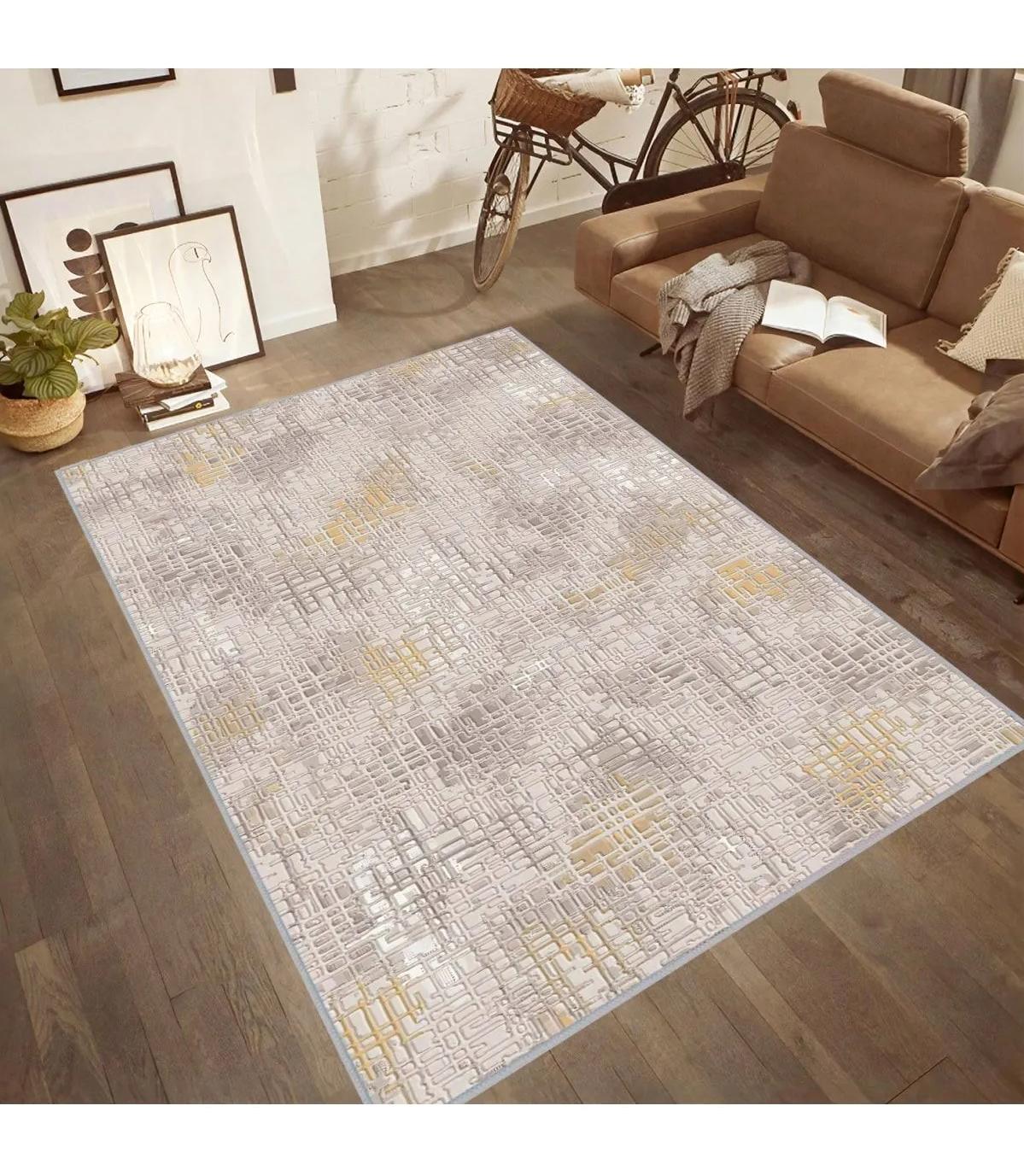 Rovigo Home RVG0536 Krem 8 mm Polyester Leke Tutmaz-Toz Tutmaz Yıkanabilir İnce Kaymaz Dot Taban Dikdörtgen Makine Dokuma Salon Halısı 200x290 cm