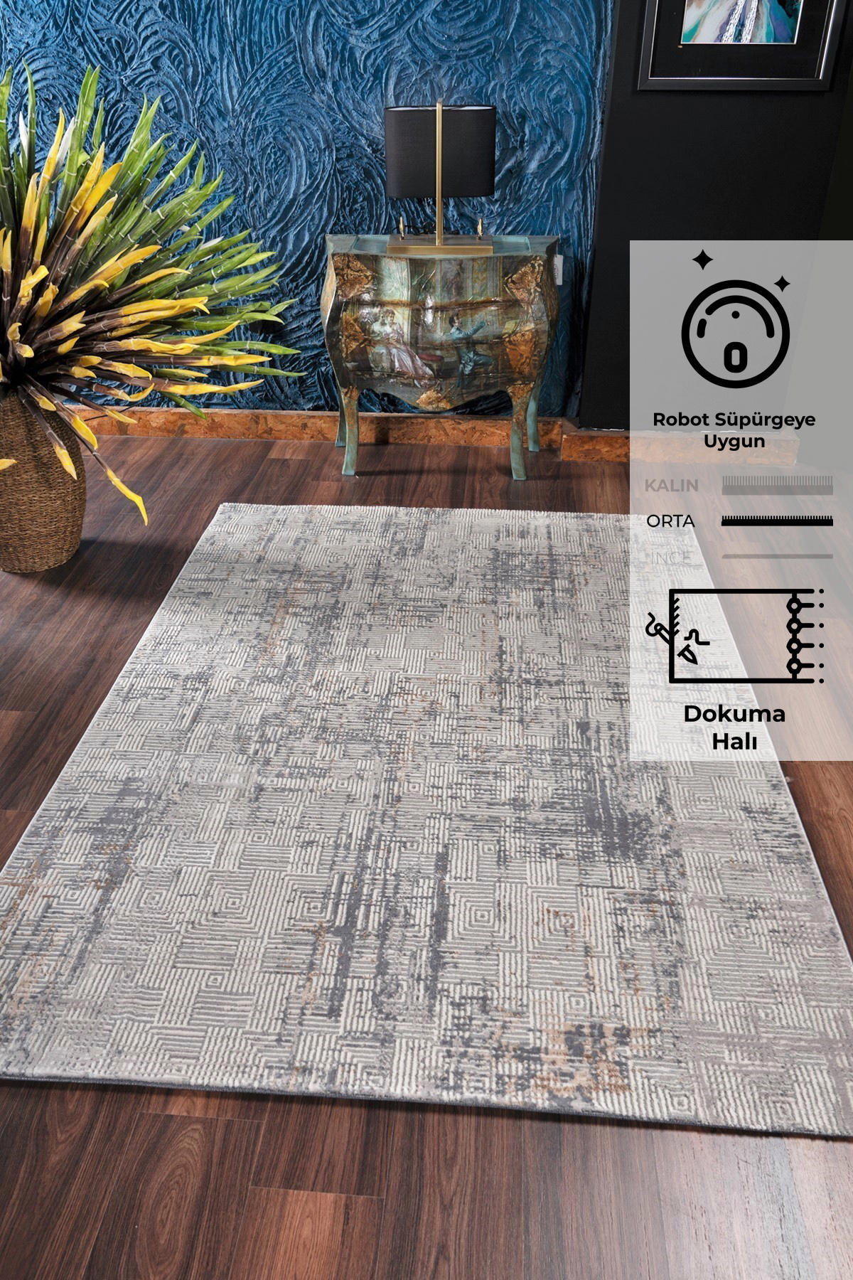 Konfor Halı Motto 4481 Gri 7 mm Polyester Yıkanabilir Dikdörtgen Makine Dokuma Salon Halısı 120x180 cm