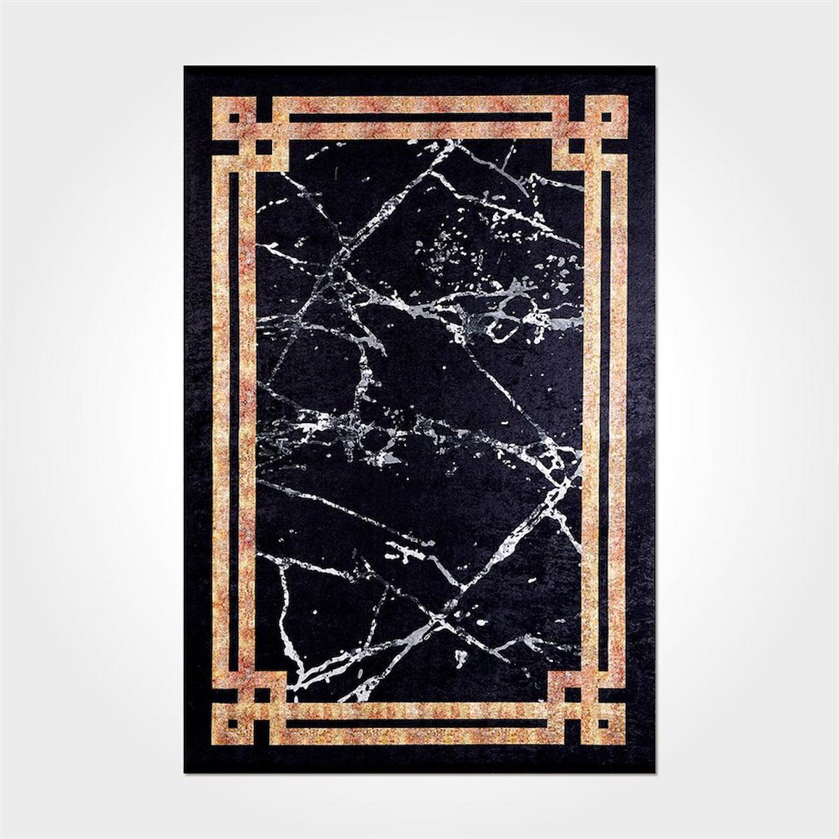 Crea Halı 2049PC Siyah Pamuk-Polyester Yıkanabilir İnce Kaymaz Pamuk Taban Dikdörtgen Makine Dokuma Salon Halısı 100x200 cm