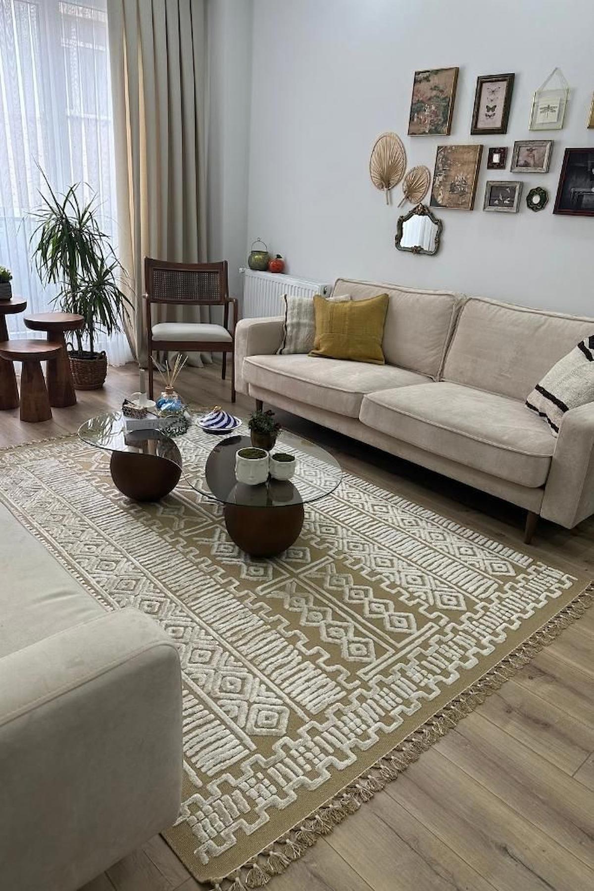 Apex Nüans 8802 Krem Pamuk Yıkanabilir İnce Kaymaz Jüt Taban Dikdörtgen Makine Dokuma Salon Halısı 100x300 cm