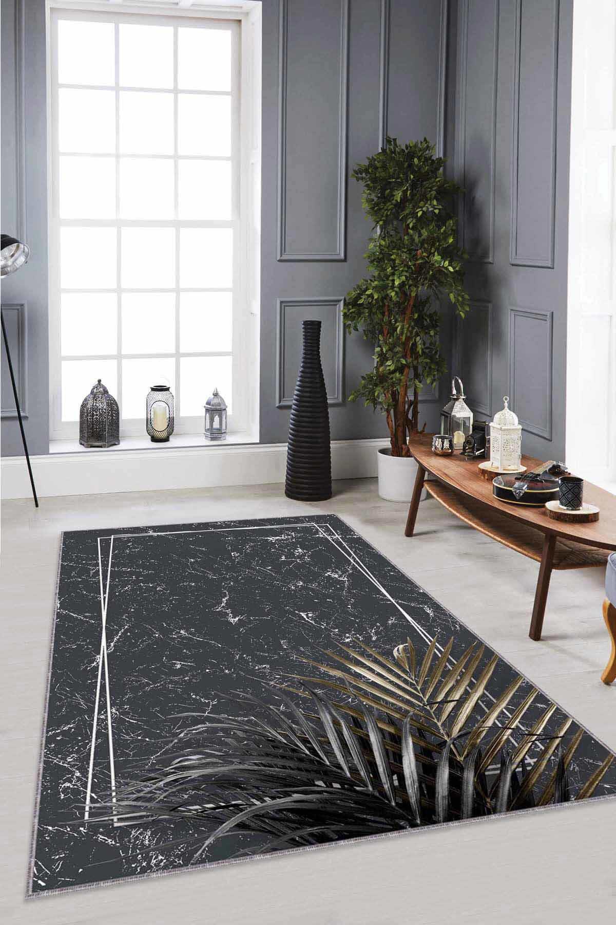 Viva Home RV185 Antrasit 7 mm Mikropolyester Yıkanabilir İnce Kaymaz Jüt Taban Dikdörtgen Makine Dokuma Salon Halısı 200x290 cm