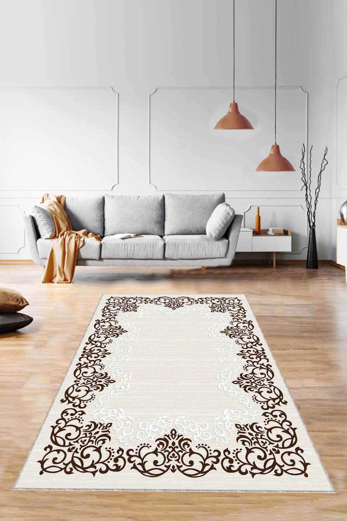 Viva Home MK62 Kahverengi 7 mm Mikropolyester Yıkanabilir Orta Kaymaz Taban Dikdörtgen Makine Dokuma Salon Halısı 75x100 cm