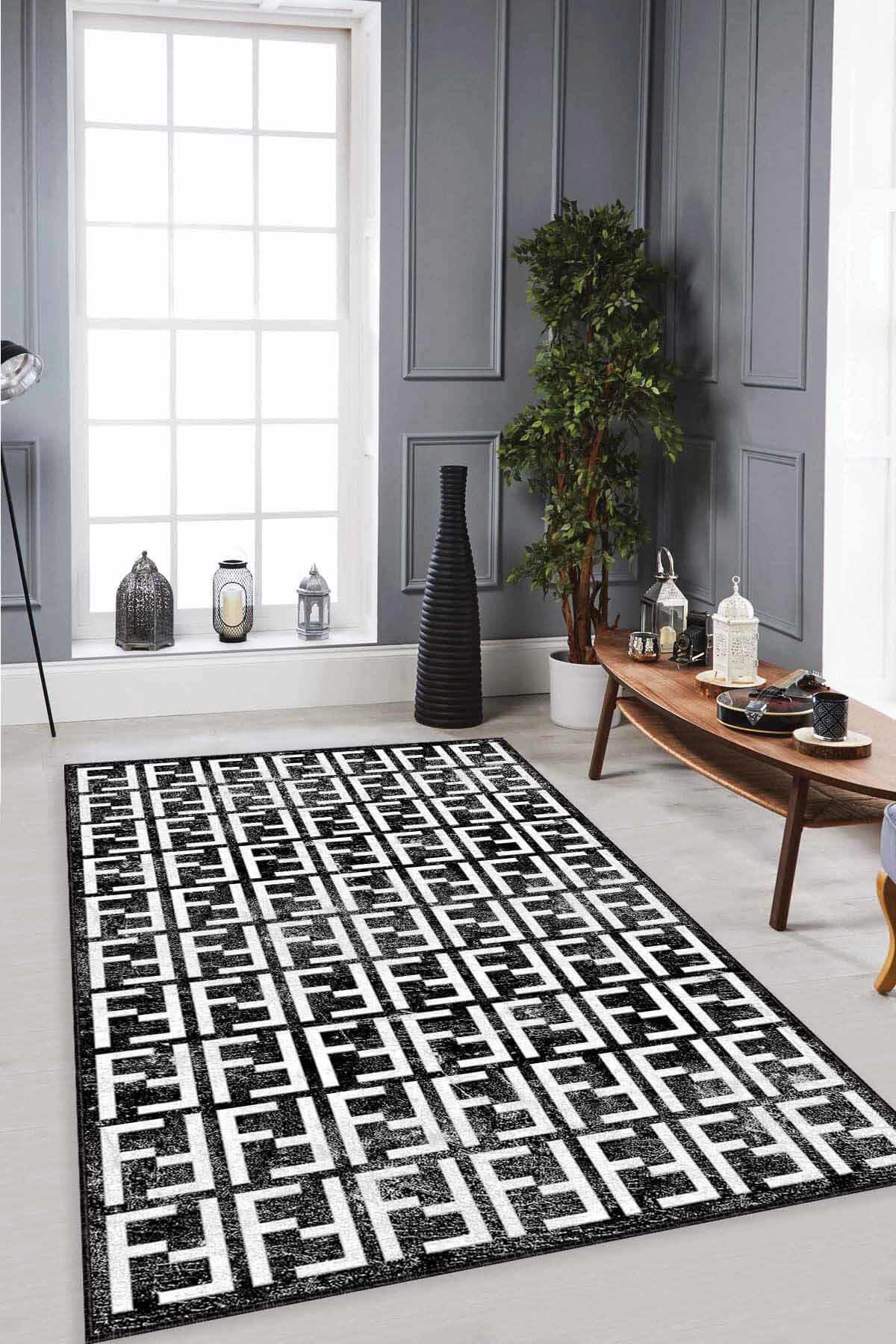 Viva Home LB008 Siyah 7 mm Mikropolyester Toz Tutmaz Yıkanabilir İnce Kaymaz Lateks Taban Dikdörtgen Makine Dokuma Salon Halısı 100x300 cm