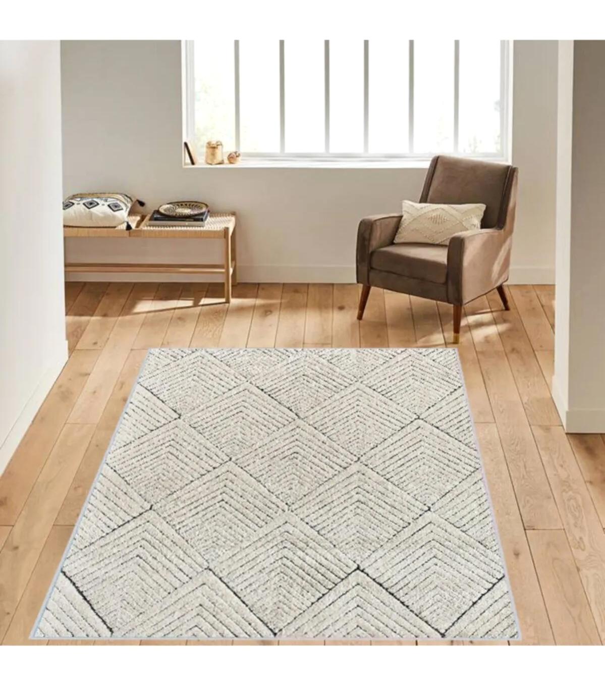 Rovigo Home RVG1051 Gri 8 mm Polyester Antibakteriyel-Leke Tutmaz-Toz Tutmaz Yıkanabilir İnce Kaymaz Dot Taban Dikdörtgen Makine Dokuma Salon Halısı 100x160 cm