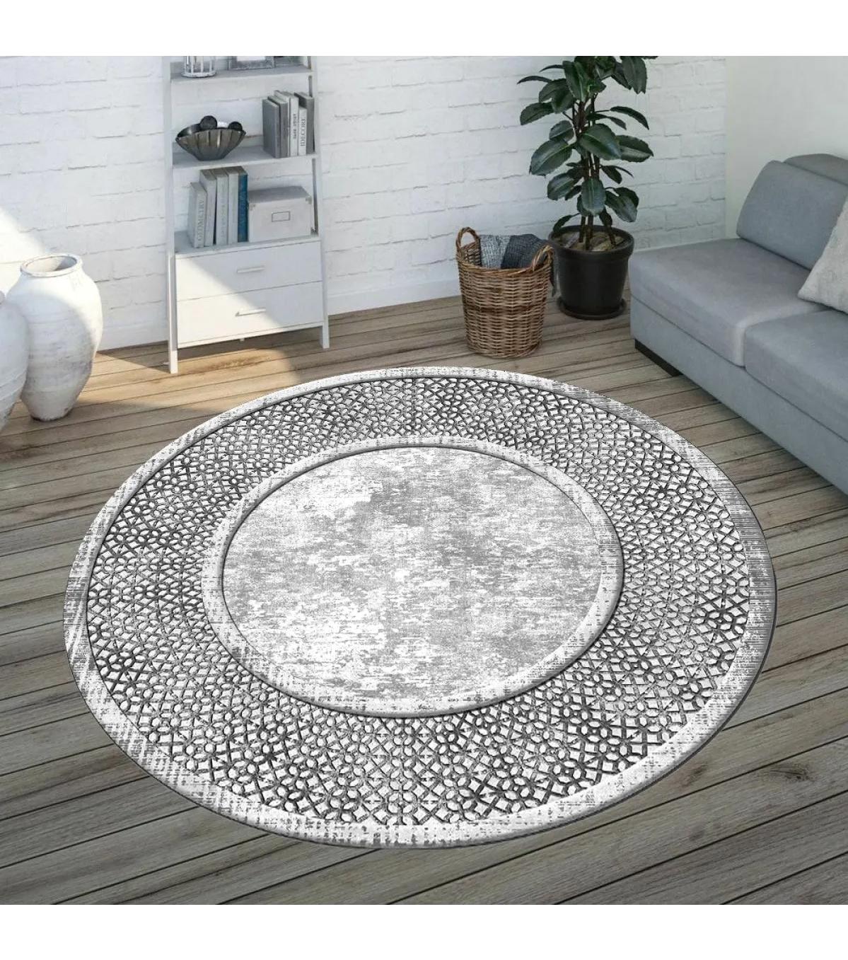 Rovigo Home RVG7316-SD663 Gri 8 mm Polyester Antibakteriyel-Leke Tutmaz-Toz Tutmaz Yıkanabilir İnce Kaymaz Dot Taban Yuvarlak Makine Dokuma Salon Halısı 160x235 cm