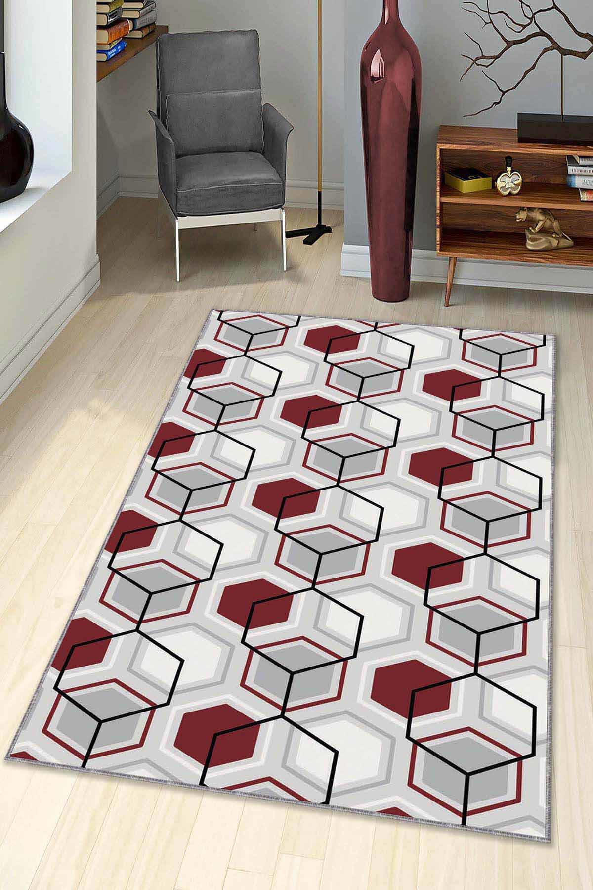 Viva Home BE01 Bordo 7 mm Mikropolyester Leke Tutmaz-Toz Tutmaz Yıkanabilir Orta Kaymaz Dot Taban Dikdörtgen Makine Dokuma Salon Halısı 100x200 cm