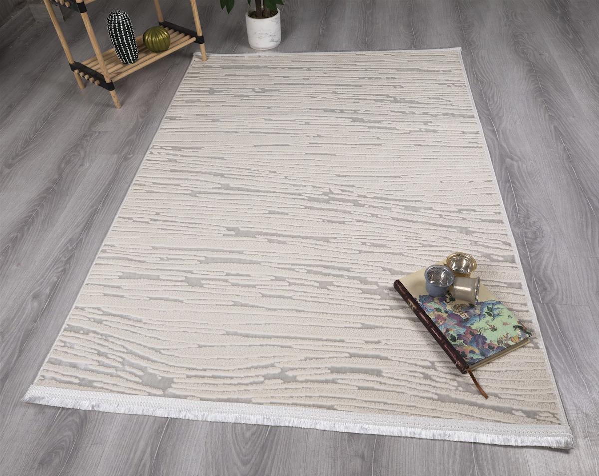 My Evilla 4112D Gri-Krem 10 mm Polyester Yıkanabilir Kalın Kaymaz Taban Dikdörtgen Makine Dokuma Salon Halısı 80x300 cm