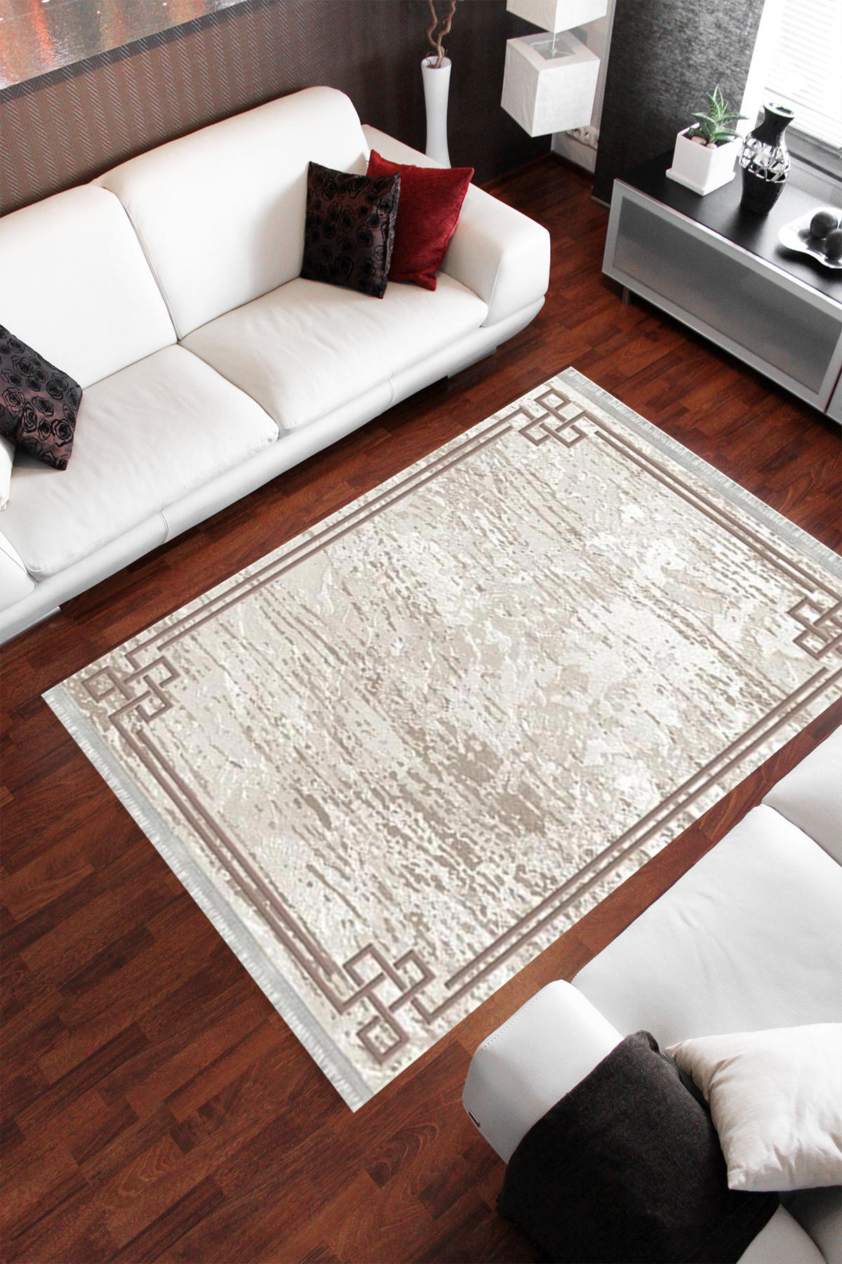 Homier Collection H-MD-0077A Bej-Kahverengi 7 mm Pamuk Antibakteriyel Yıkanabilir Orta Kaymaz Dot Taban Dikdörtgen Makine Dokuma Salon Halısı 100x150 cm