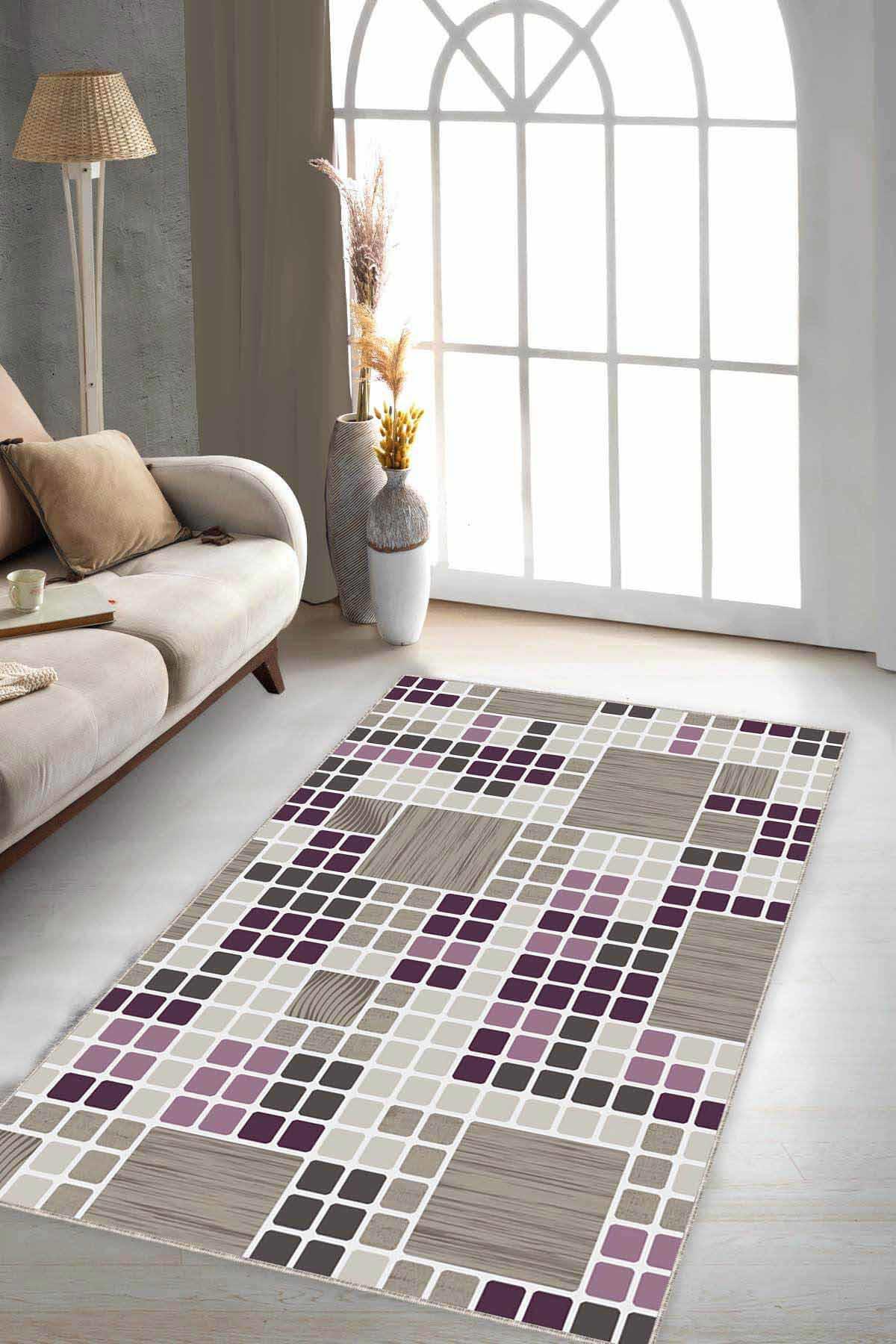 Viva Home PUZ03 Çok Renkli 7 mm Mikropolyester Yıkanabilir İnce Kaymaz Dikdörtgen Makine Dokuma Salon Halısı 160x300 cm