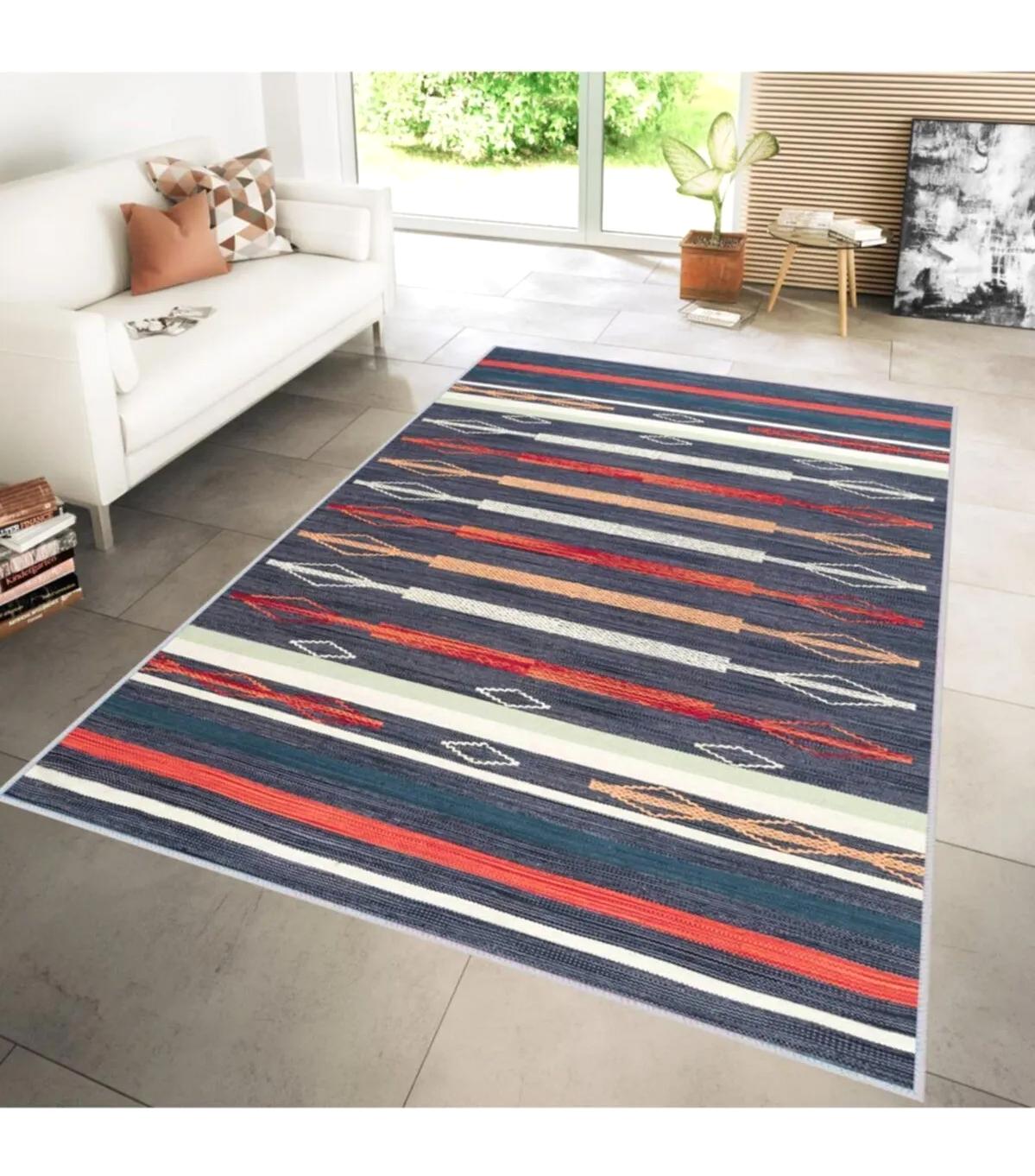 Rovigo Home RVG1182 Çok Renkli 8 mm Polyester Antibakteriyel-Leke Tutmaz-Toz Tutmaz Yıkanabilir İnce Kaymaz Dot Taban Dikdörtgen Makine Dokuma Salon Halısı 120x180 cm